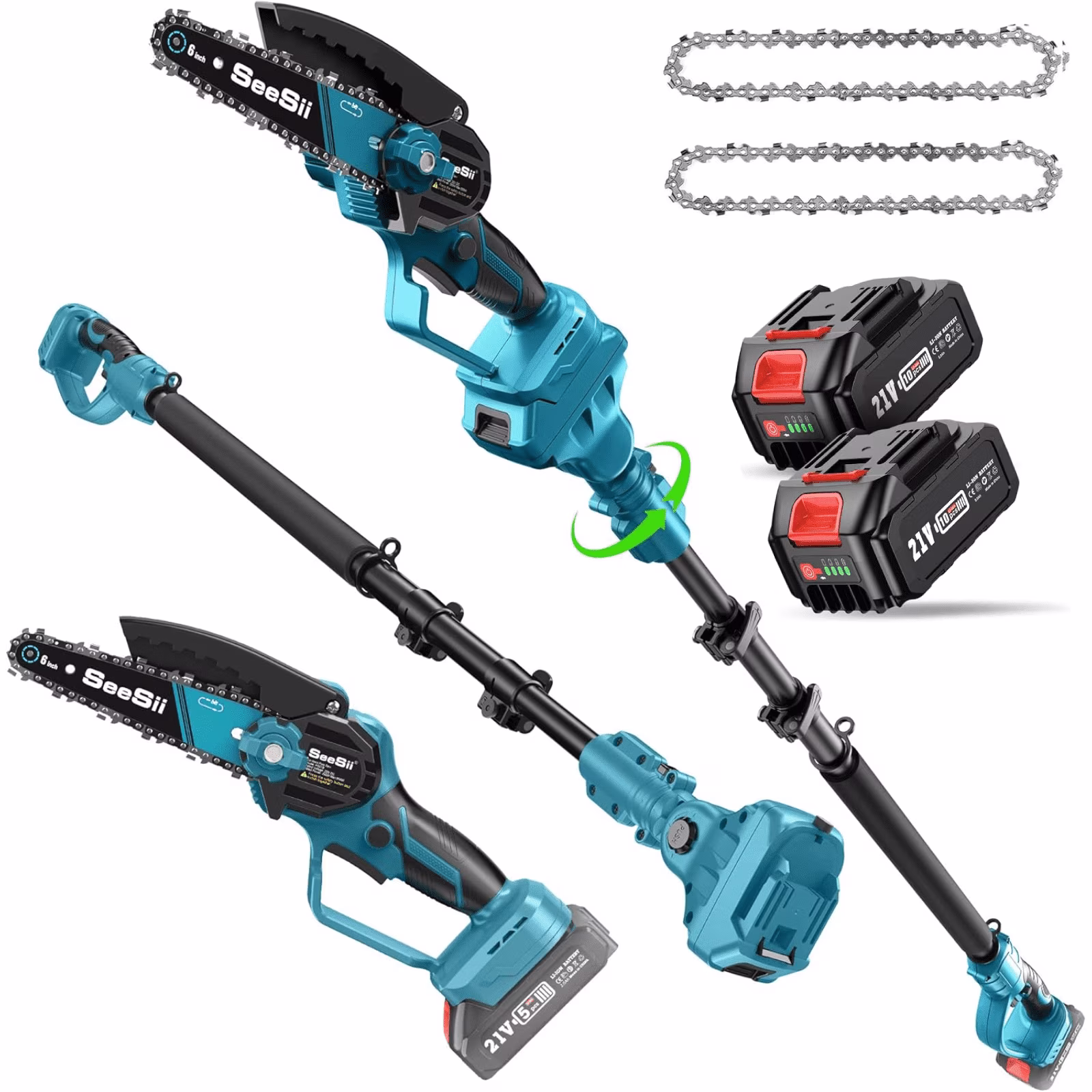 2-in-1 Cordless Pole Saw, 6 Inch Brushless Pole Chainsaws Mini Handheld Chainsaw with 2x 4.0Ah 21V Batteries, 2x Chains, Auto Oiler, 16FT MAX Extension Pole for Tree Trimming