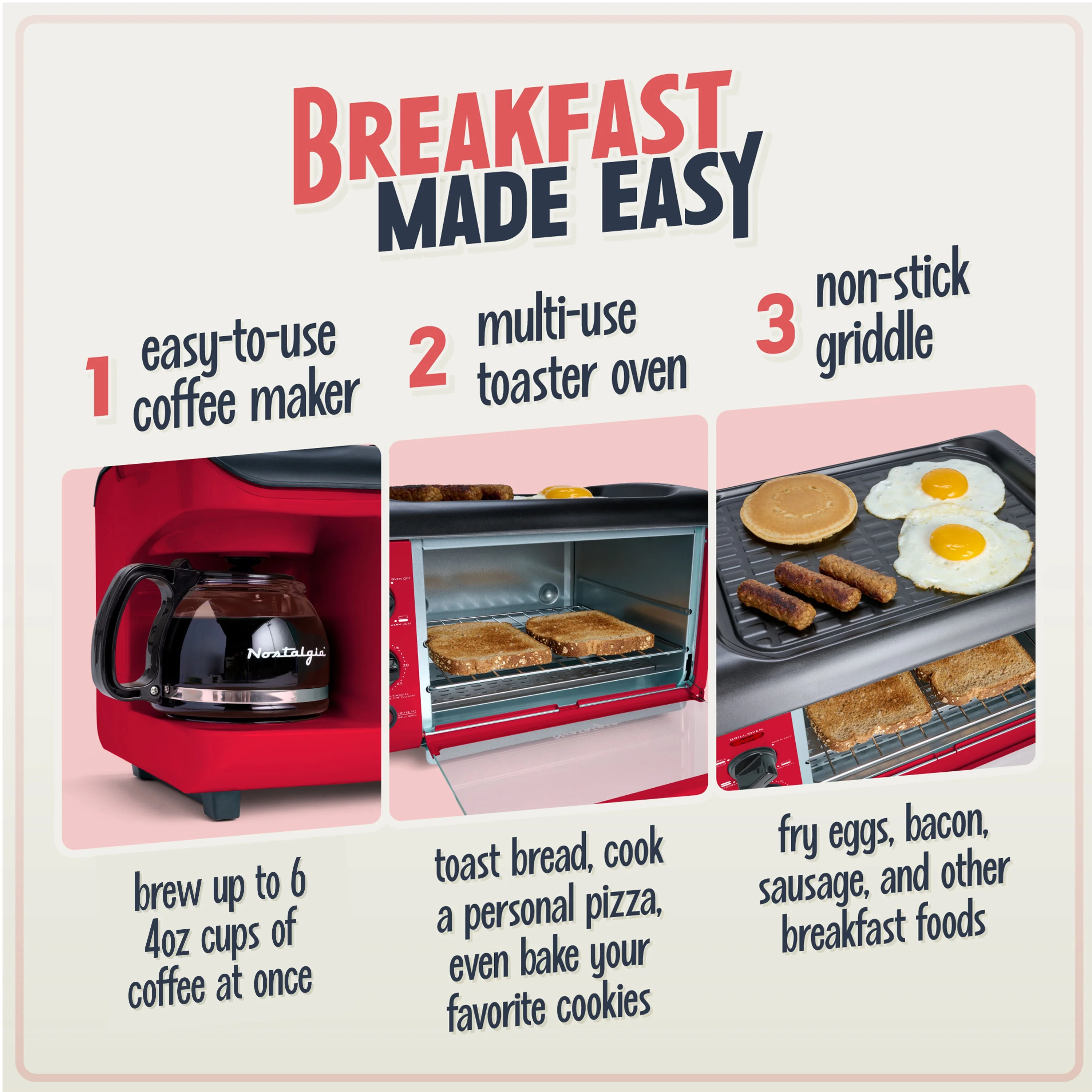 BST3RR Retro 3 in 1 Family Size Electric Breakfast Station, Coffeemaker, Griddle, Toaster Oven Retro Red(Retro Red) Image 4