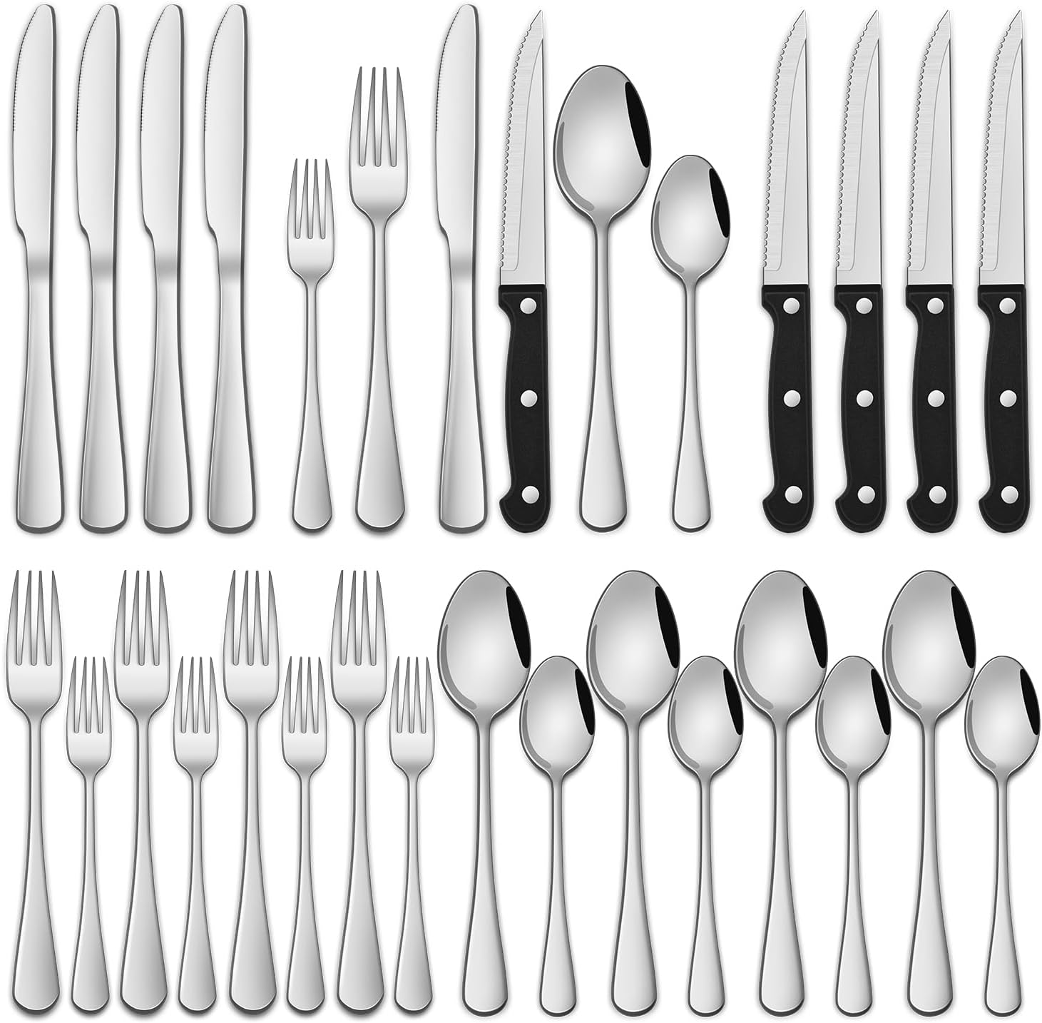 24-Piece Silverware Set with Steak Knives, Flatware Set for 4 People, Food-Grade Stainless Steel Cutlery Set, Includes Knife, Spoon and Fork, Mirror-Finished Utensil Sets for Home and Restaurant