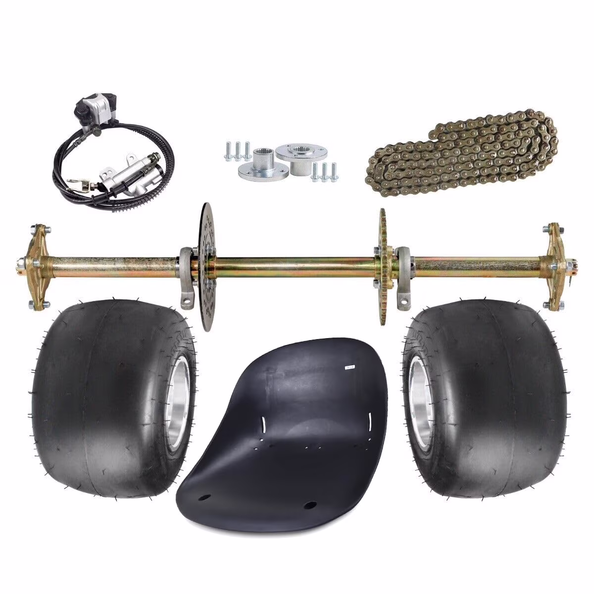 32in Rear Axle Kit with 5" Wheels, 11x7.10-5 Tires, 428 41T Sprocket Brake Caliper Master Cylinder, 3 Stud Hubs, Go Cart Seat for Racing Go Kart, ATV Quad Buggy Drift Trike, Karting
