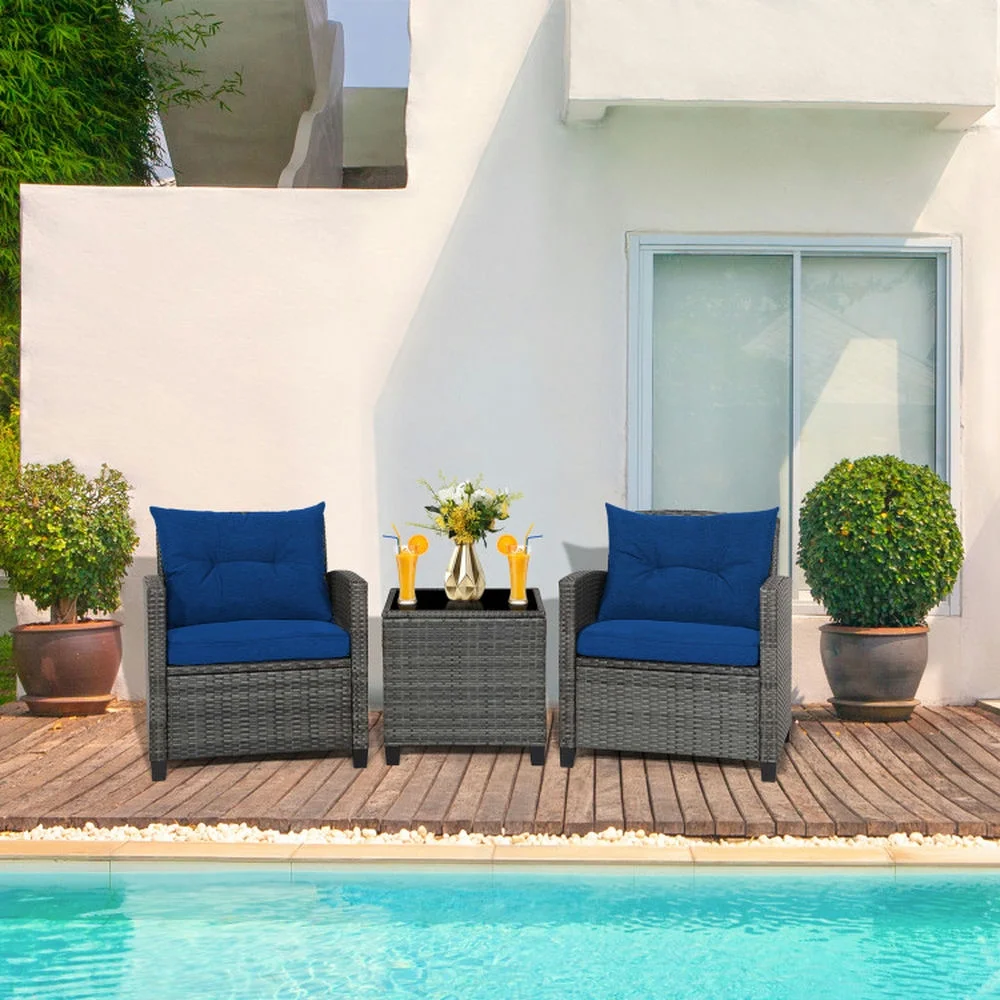 Outdoor Seating Sets,Garden Conversation Sets,3 Pieces Outdoor Wicker Conversation Set with Tempered Glass Tabletop-Navy - Image 8