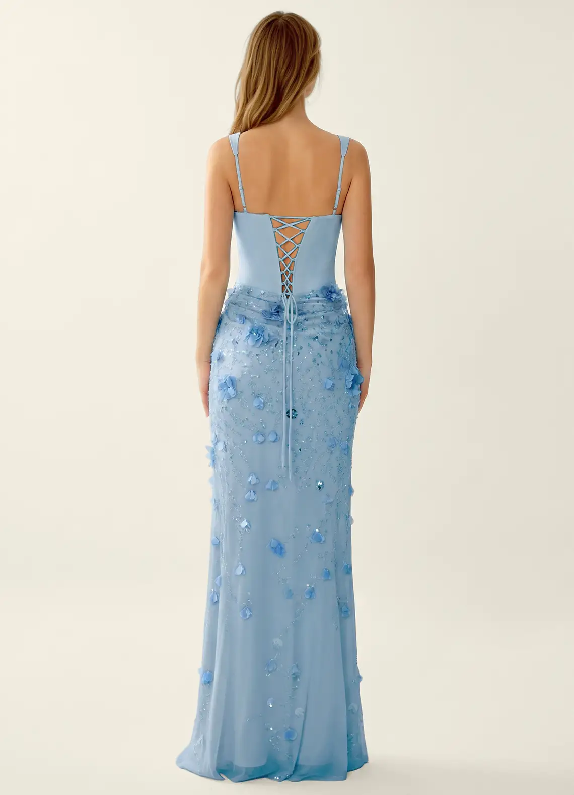 Belinda Blue 3D Flowers Corset Lace Up Back Mermaid Prom Dress