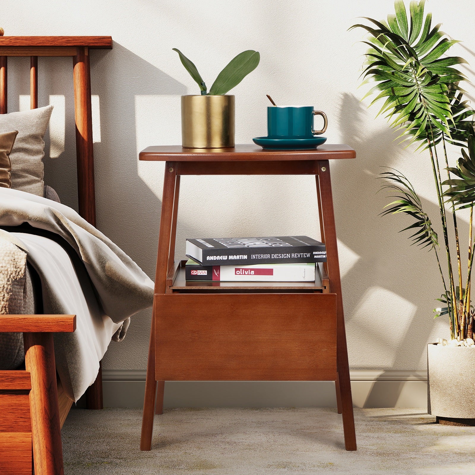 AECOJOY Nightstand with Drawer and Storage Shelf, Bamboo Bed Side Table