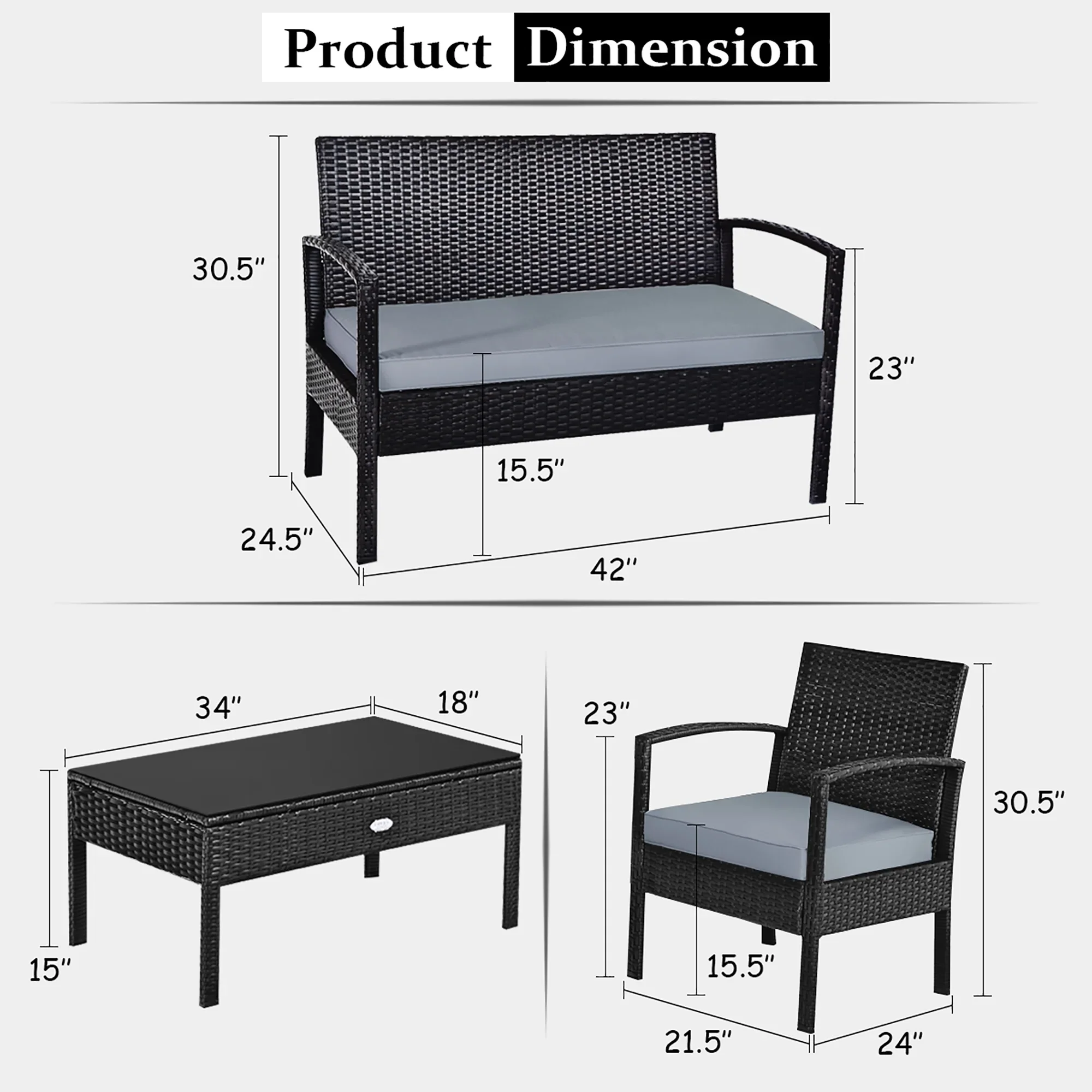 Costway 4PCS Patio Rattan Wicker Furniture Set Loveseat Sofa Cushioned Garden Yard Brown
