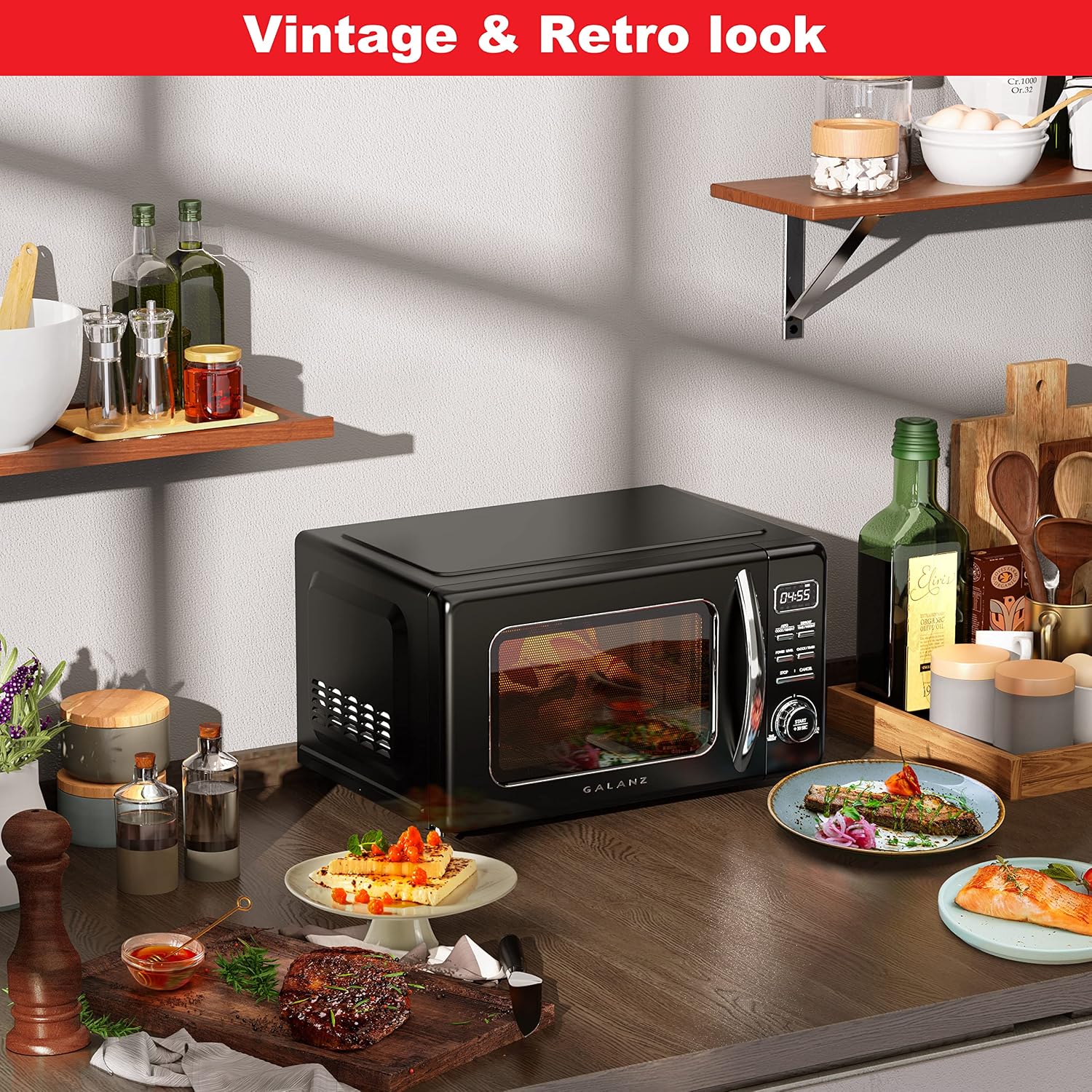 Galanz GLCMKZ07BKR07 Retro Countertop Microwave Oven with Auto Cook & Reheat, Defrost, Quick Start Functions, Easy Clean with Glass Turntable, Pull Handle. 7 cu ft, Black