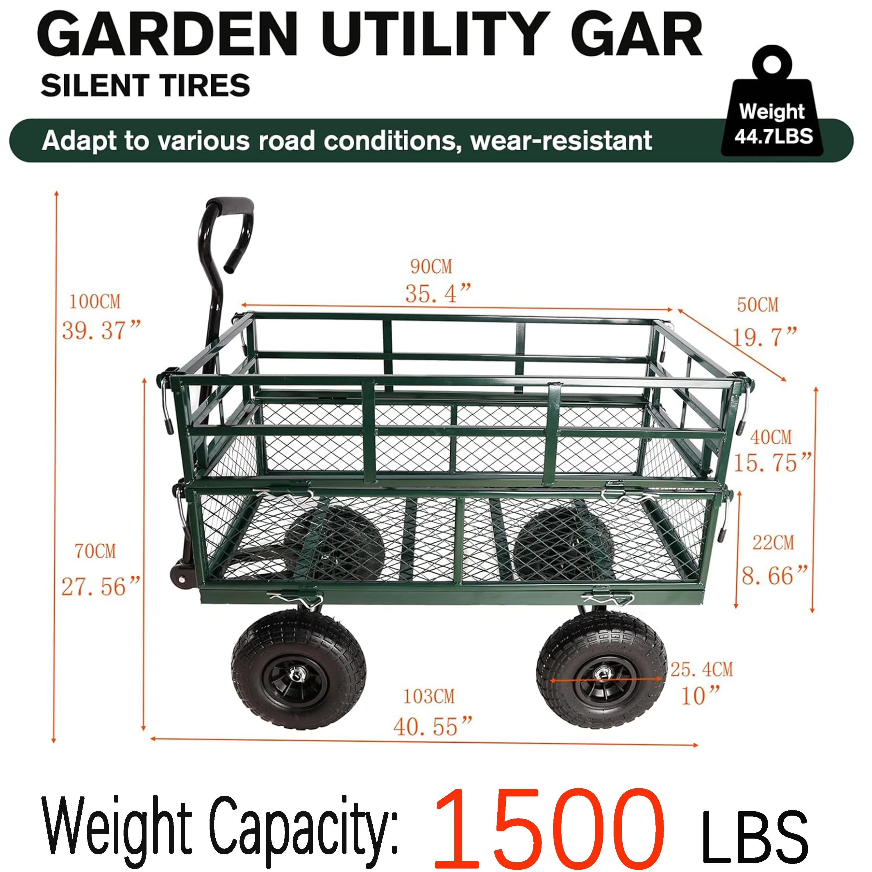 Furnibear Heavy Duty Steel Garden Cart 1500lbs Capacity, 6.35 cu ft, 40.55 x 27.56 Folding Utility Wagon with Double-Layer Removable Side, Black