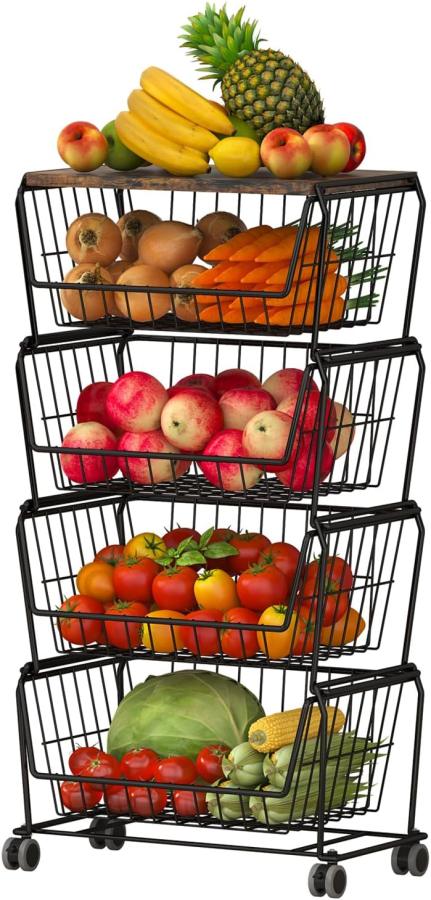 Helsin 4-Tier Stackable Metal Wire Baskets With Wheels, Fruit Vegetable Baskets With Wood Top, Free Standing Storage Carts, Storage Rack For