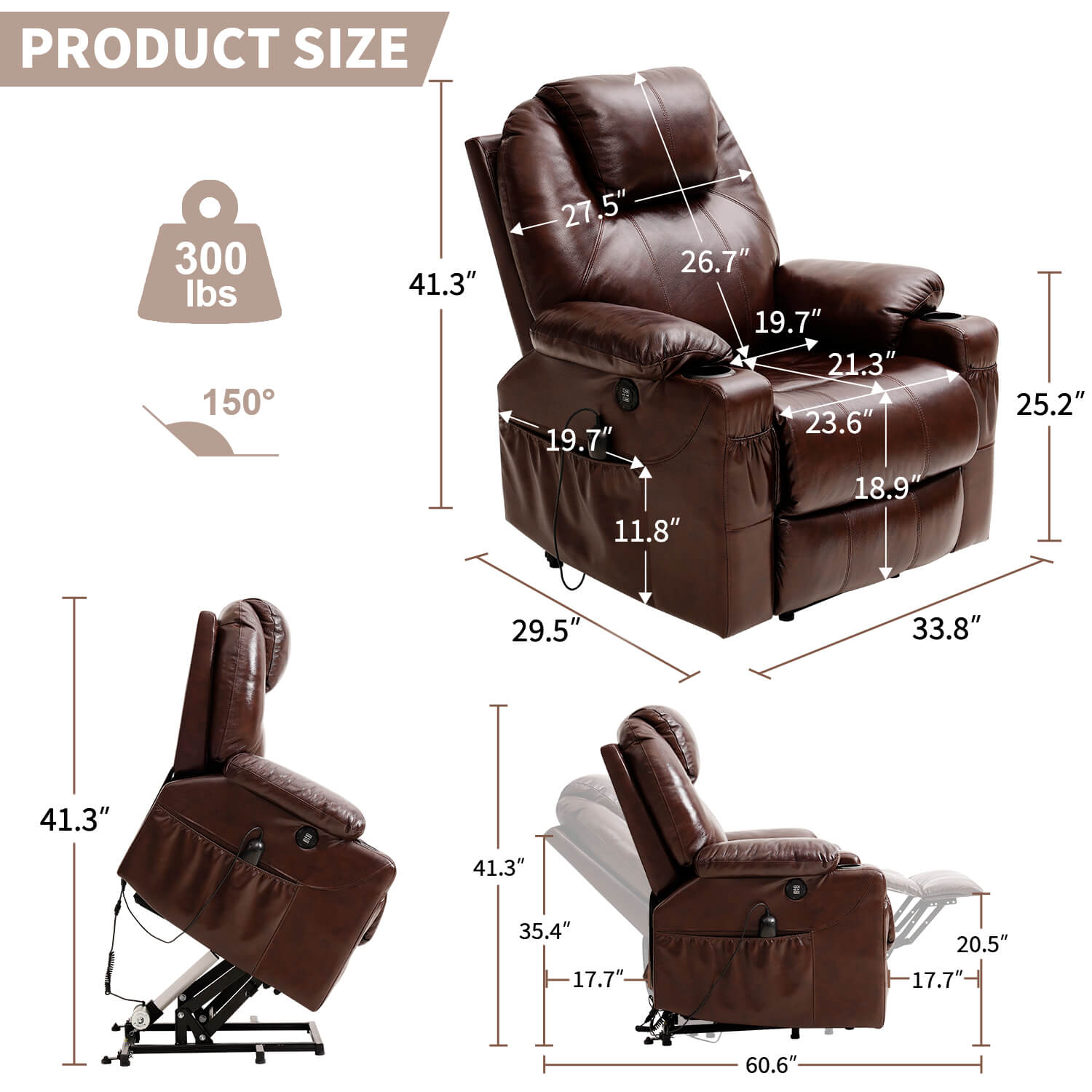 Fauteuil releveur électrique 3 positions avec repose-talon et massage, revêtement en cuir véritable