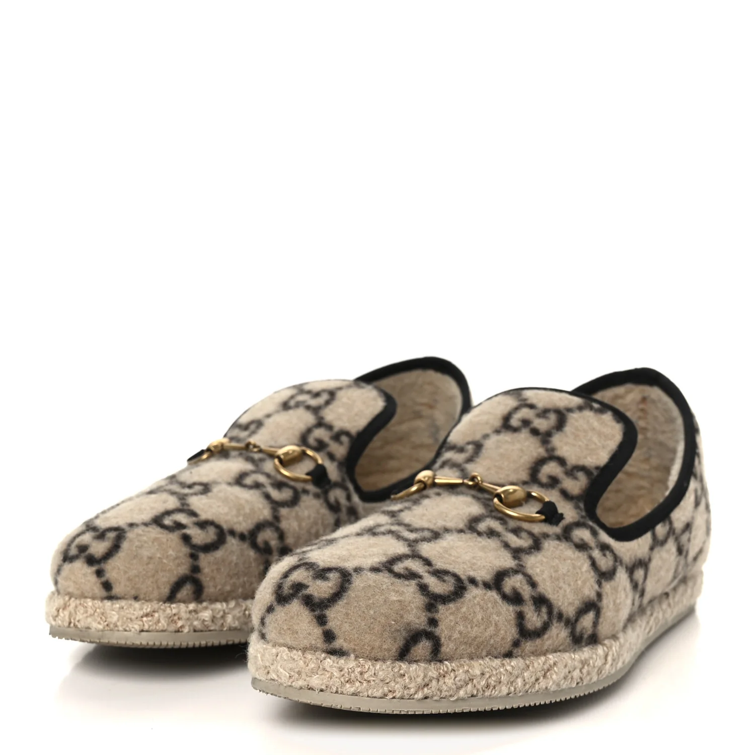 Covered Wool GG Monogram Mens Fria Horsebit Loafers 9 Beige Ebony Black Butterscotch