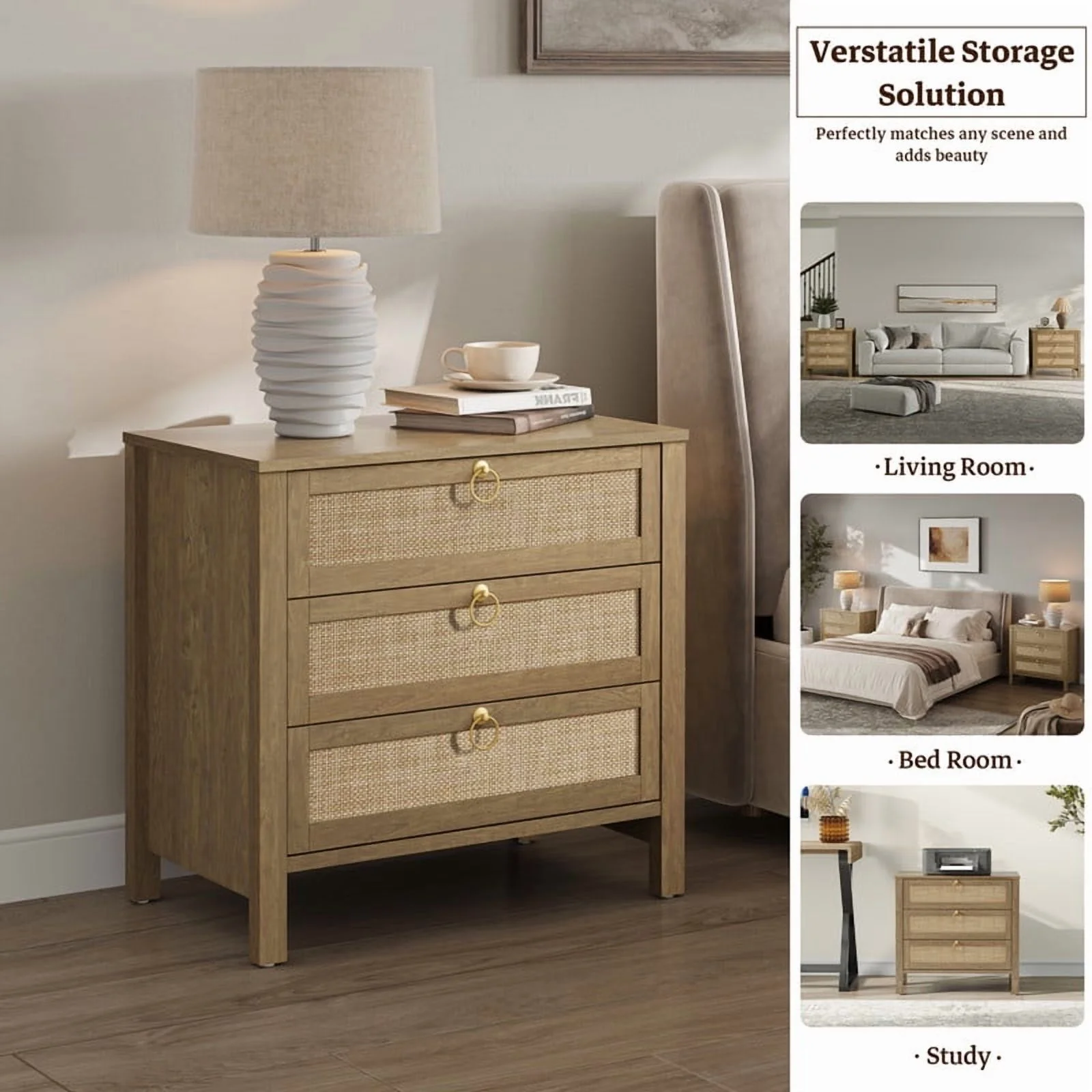 Oak Boho 3-Drawer Nightstand Set of 2 Extra Wide Storage Night Stand with Gold Handles LargeTall Bed Side Table for Bedroom Living Room Enterway(Cherry Oak/Single) - Image 7