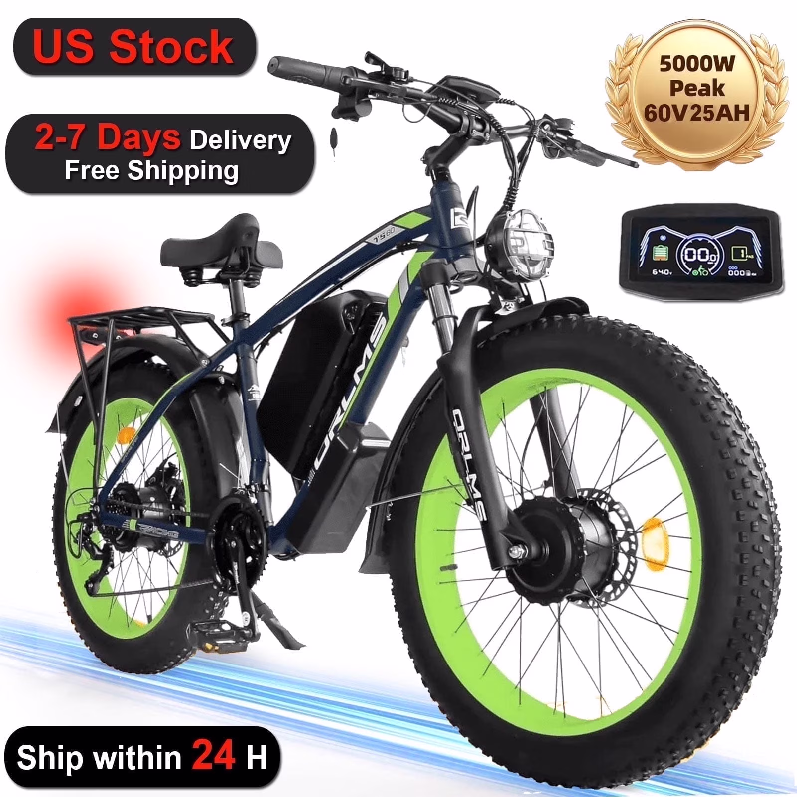 (US in Stock) 5000W Peak Dual Motor Electric Bike for Adults , 60V 25AH Removable Battery Ebike , 50MPH AWD 21-Speed Mountain Snow E-Bike with 26" x 4.0 Fat Tire, Long Range Mountain Off-Road EBikes(Black-Blue) - Image 7