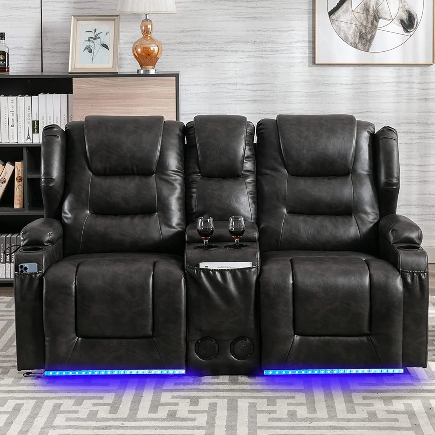 Electric Home Theater Seating- Power Recline Chair Loveseat RV Sofa with Console, 67" Double Recliner 2-Seater RV Couch with Storage/USB Charging/Lighting/Cup Holders for Living Room(Black) - Image 2