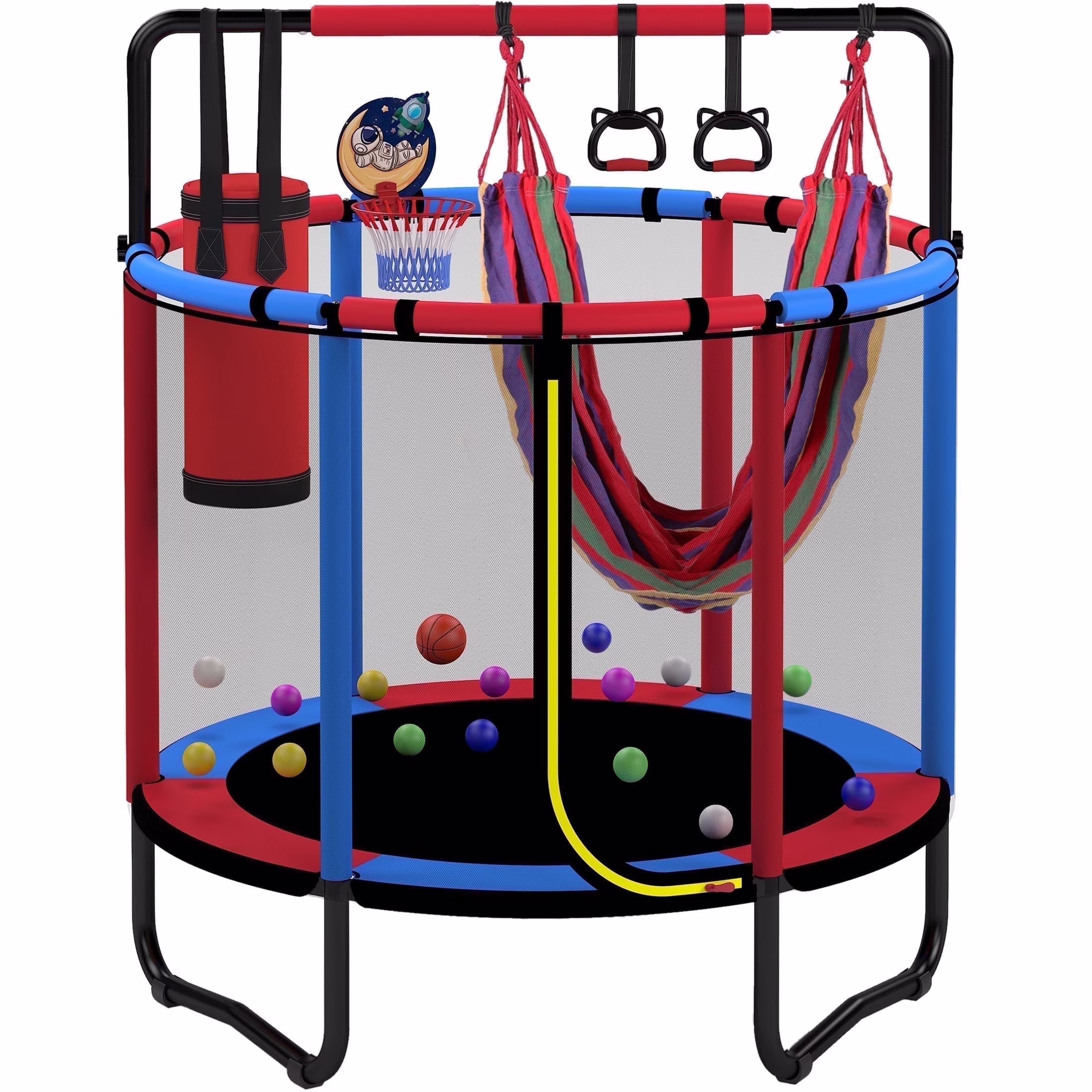Mini Round Trampoline for Kids with Basketball Hoop, 55'' Indoor Outdoor Toddler Trampoline with Enclosure Net, Swing, Sandbag, Ring, Ocean Balls, Small Trampoline Gift for Boys Girls, Blue(Blue,Red)