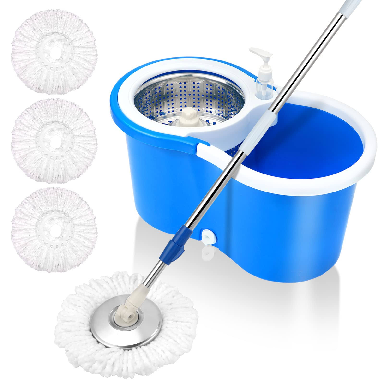 Spin Mop Bucket System, 360 Spin Mop & Bucket Floor Cleaning Stainless Steel Mop Bucket with 3 Microfiber Replacement Head Refills