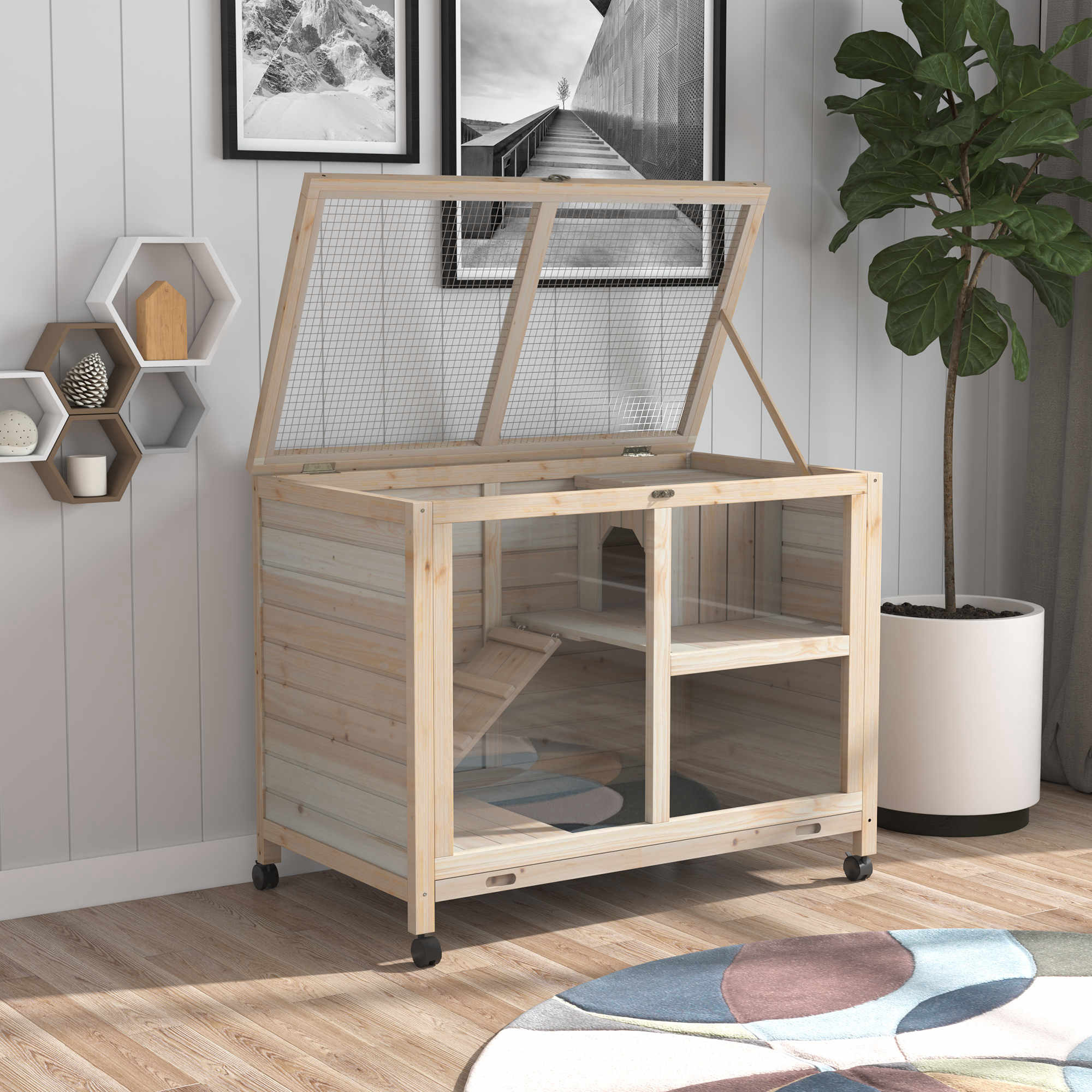 PawHut konijnenhok konijnenhok met twee verdiepingen op wielen massief hout naturel