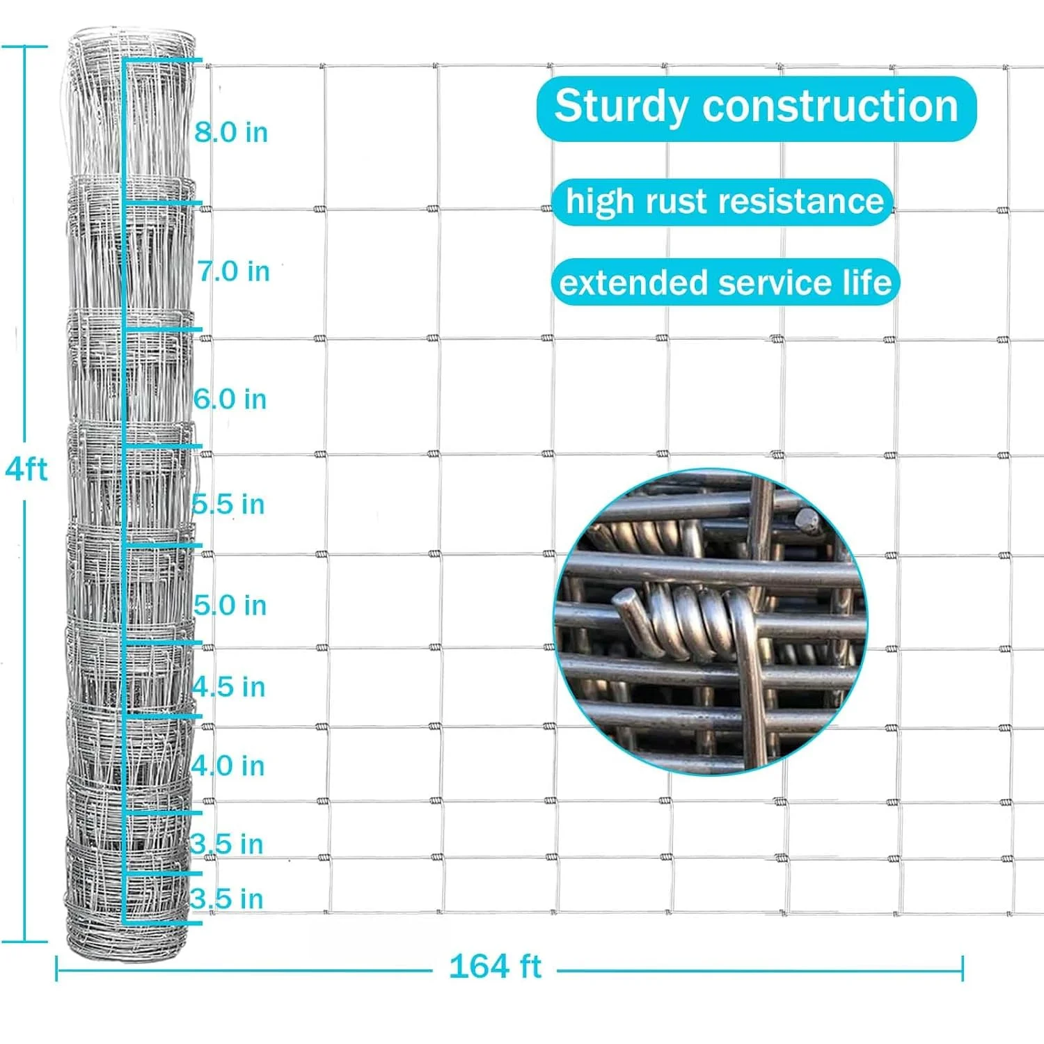 Farm Fence, 4ft x 164ft Galvanized Wire Fencing, Cattle Fence, Deer Fence, Heavy Zinc Coating Farm Fence Used to Hog Goat Fencing for Yard Garden and Field(4' x 164') - Image 4