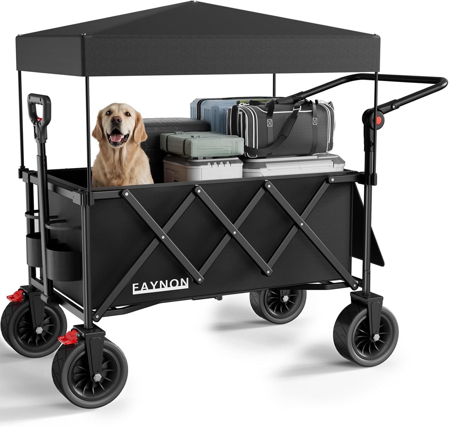 3 in 1 Collapsible Wagon with 300lbs Weight Capacity, 150L Heavy Duty Utility Cart with Removable Canopy, with Large All-Terrain Beach Wheels & Drink Holders, Black