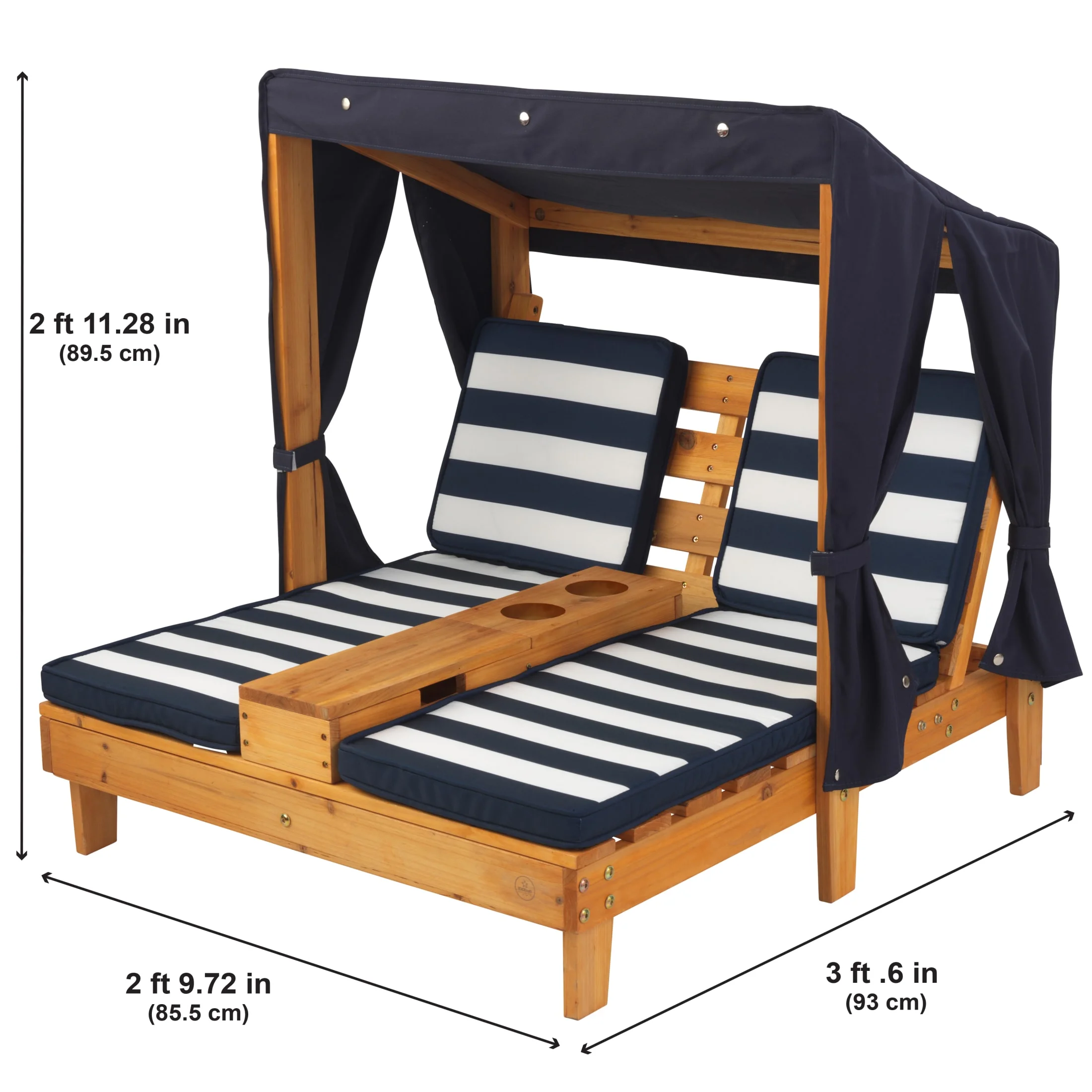 Wooden Outdoor Double Chaise with Cup Holders, Kid's Furniture, Honey Navy(Honey) - Image 5