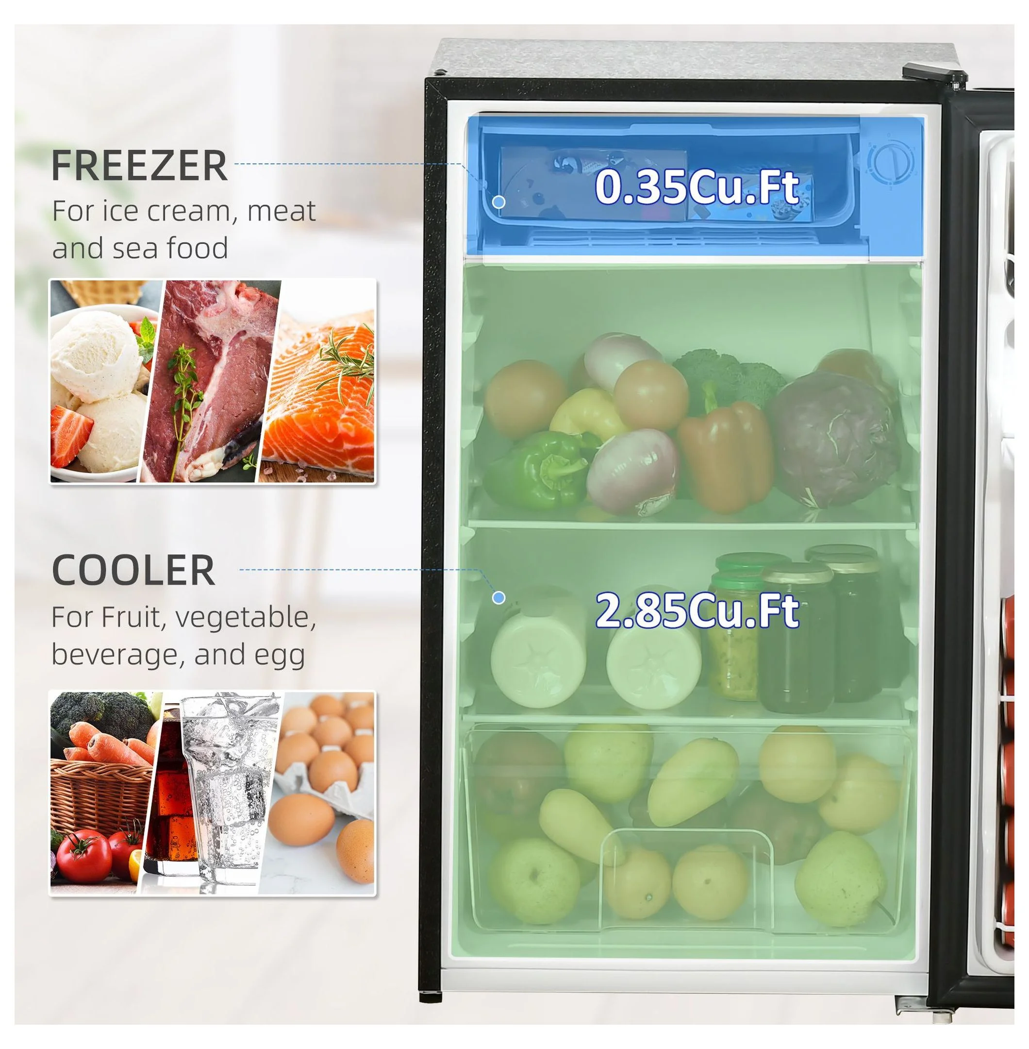 Mini Fridge with Freezer, 3.2 Cu.Ft Compact Refrigerator for Bedroom, Dorm, Apartment Adjustable Thermostat, Reversible Door, Black - Image 4