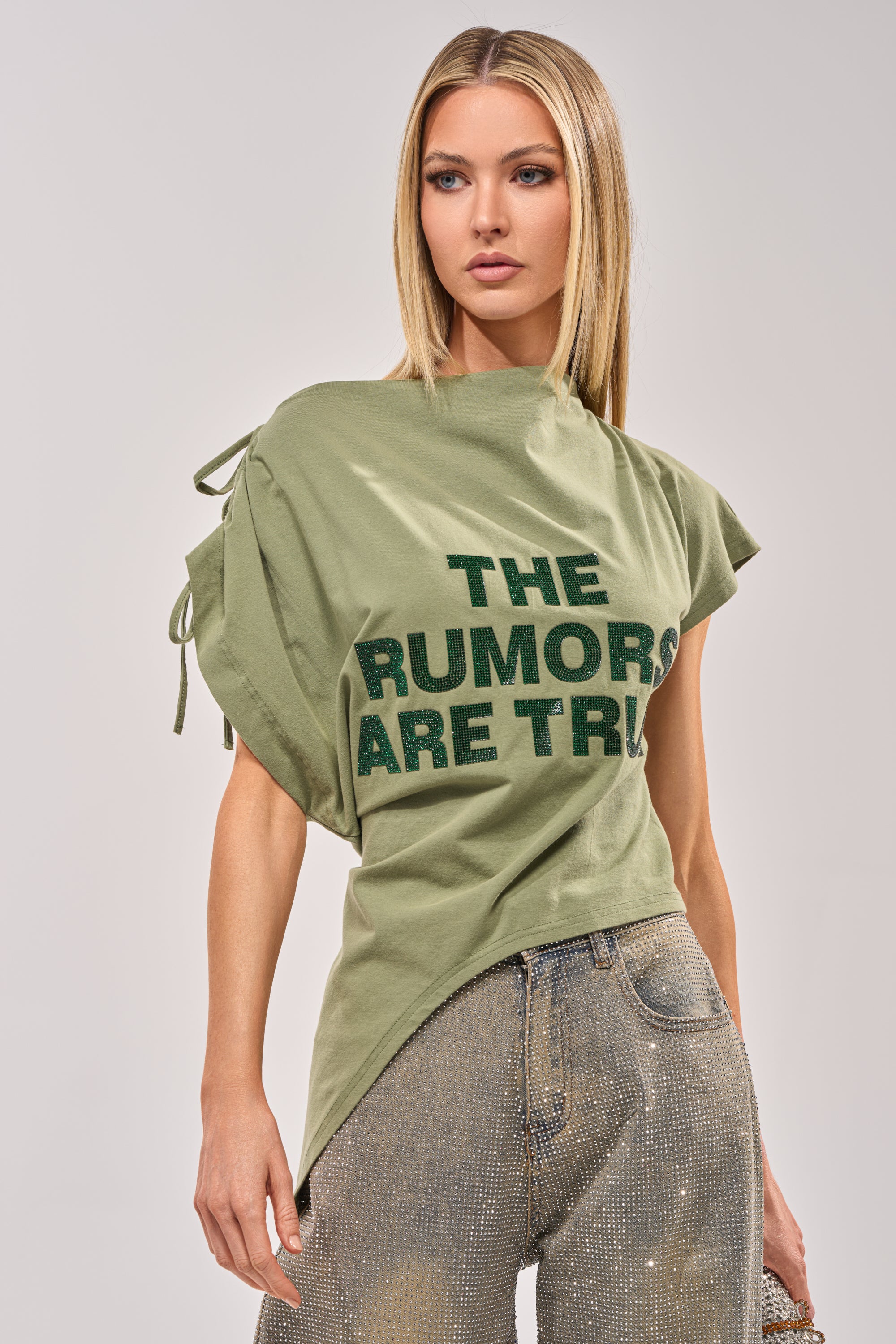 THE RUMORS ARE TRUE OFF THE SHOULDER OLIVE TEE - Akira Store