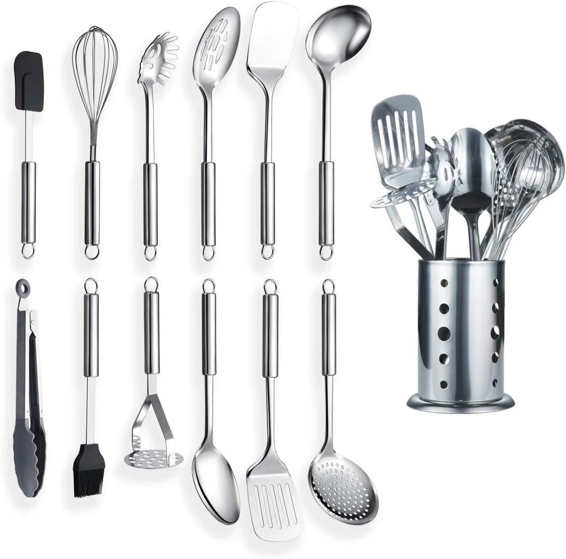 Berglander Cooking Utensil Set 8 Piece, Stainless Steel Kitchen Tool Set with Stand, Cooking Utensils, Slotted Spoon, Ladle, Skimmer, Serving Spoon, Pasta Server, Potato Masher, Egg Whisk（8 Pieces）