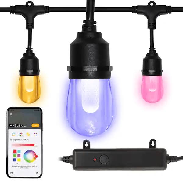Hampton Bay Indoor/Outdoor 12-Light 24 ft. Smart Plug-In Edison Bulb RGBW Color Changing LED String Light Powered by Hubspace