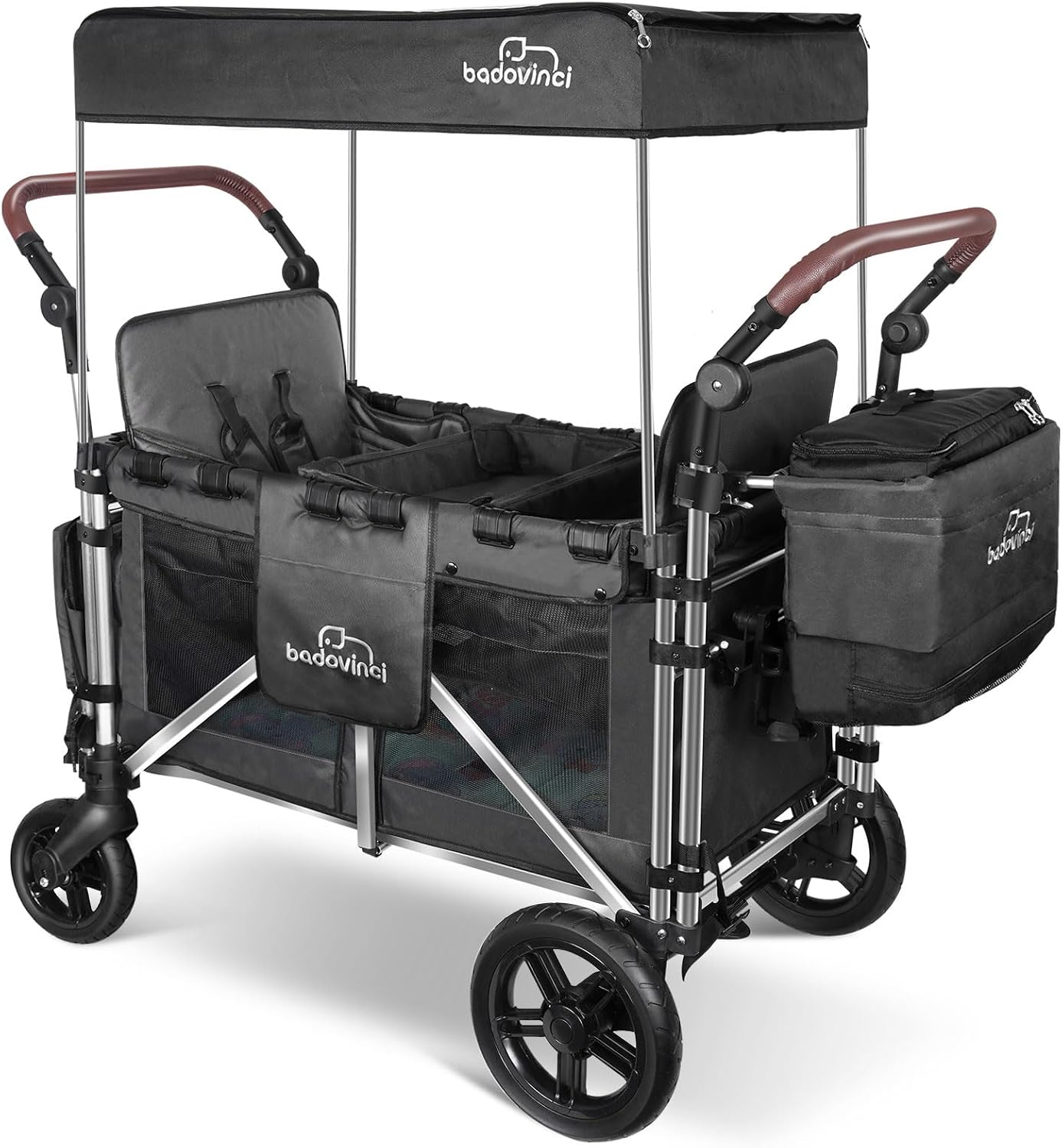 Stroller Wagon for 2 Kids, Wagon Cart Featuring 2 High Seats with 5-Point Harnesses and Adjustable Canopy, Foldable Push-Pull Rod for Garden, Camping, Grocery Cart