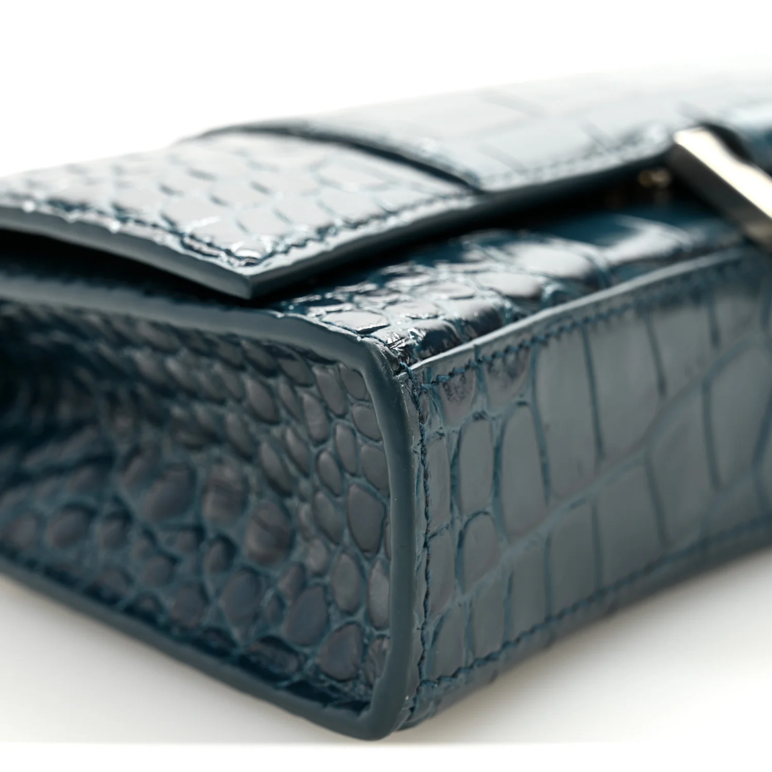 Shiny Calfskin Crocodile Embossed Hourglass Chain Bag Dark Petrol Blue