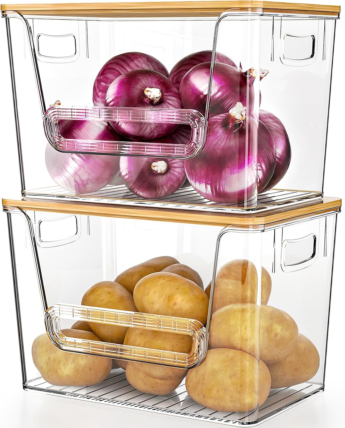 Delamu 2 Set Pantry Organizers and Storage, Trash Bag Holder Under Sink Organizer for 4-13 Gallon Bags, Trash Bag Dispenser with Bamboo Top for Onions, Potatoes, Garlic, Clear (11-7/32