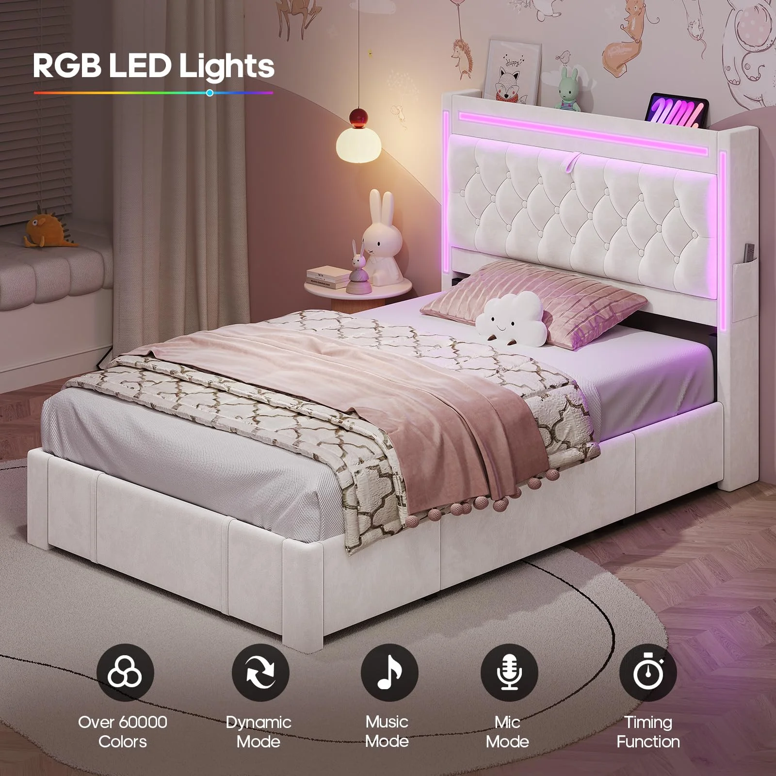 Platform Bed Twin Size with Storage Drawers and Headboard, , Twin Size Velvet Upholstered Bed with RGB Lighting and Power Outlet, No Box Spring Needed, Noise - Free, White