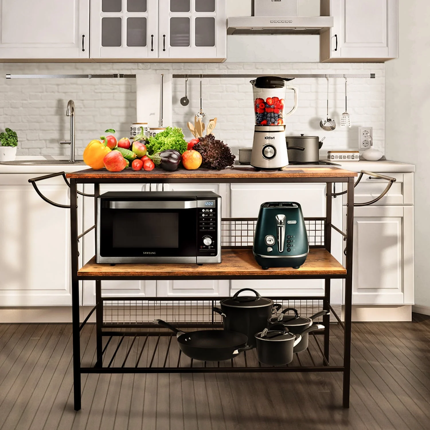 MONVANE 40"W Large Kitchen Iron Cart Island, 3 Tier Rolling Kitchen Rack Large Utility Mobile Wine Cart Storage Shelf Organizer Coffee Bar with Handle(Black/With handle)