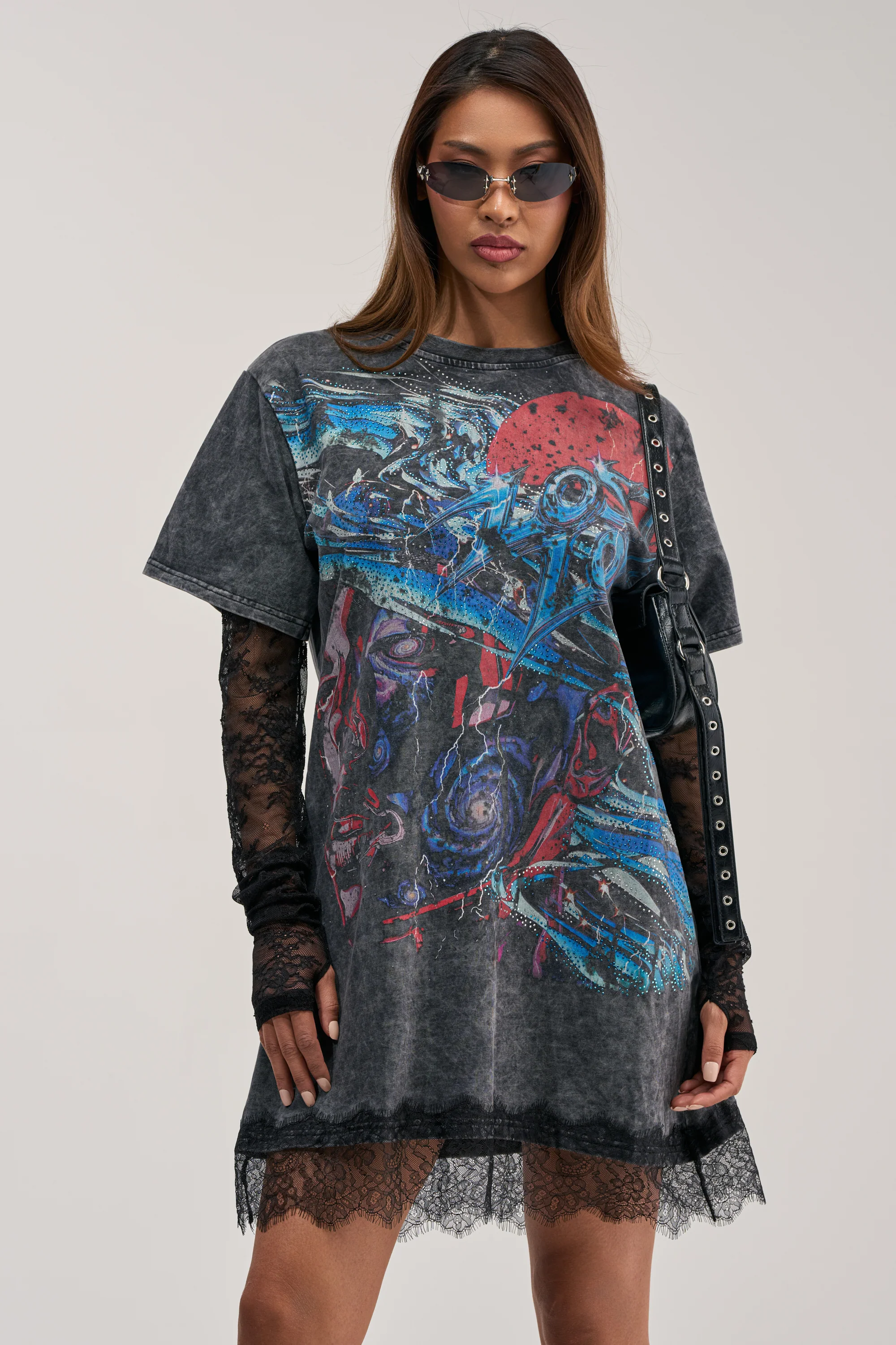 THEY WATCH I WIN GRAPHIC LACE MINI DRESS - Akira Store