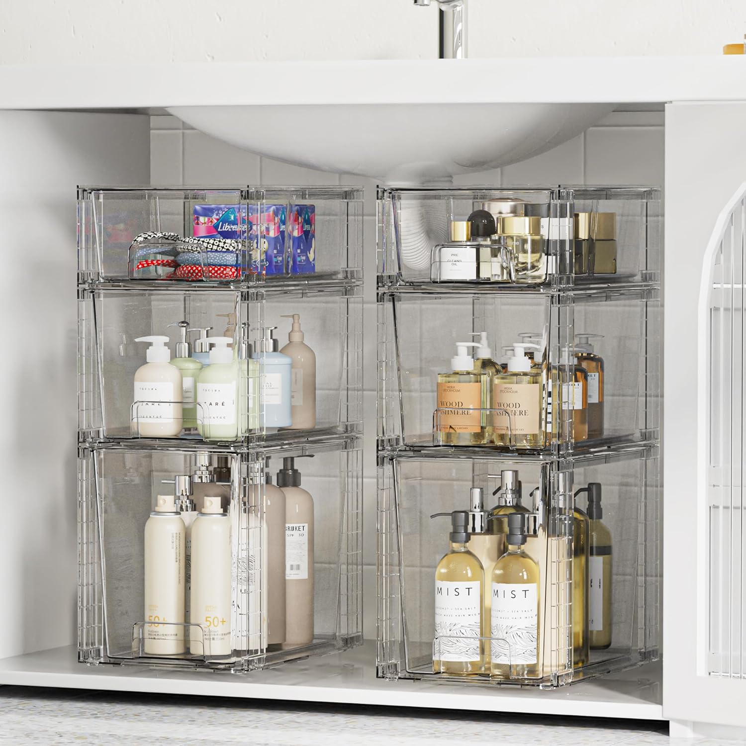 Vtopmart 3 Pack Clear Stackable Storage Drawers, Easy to Assemble Bathroom Organizers and Storage with Handles, Plastic Drawers for Kitchen Pantry, Cabinet, Under Sink Organization