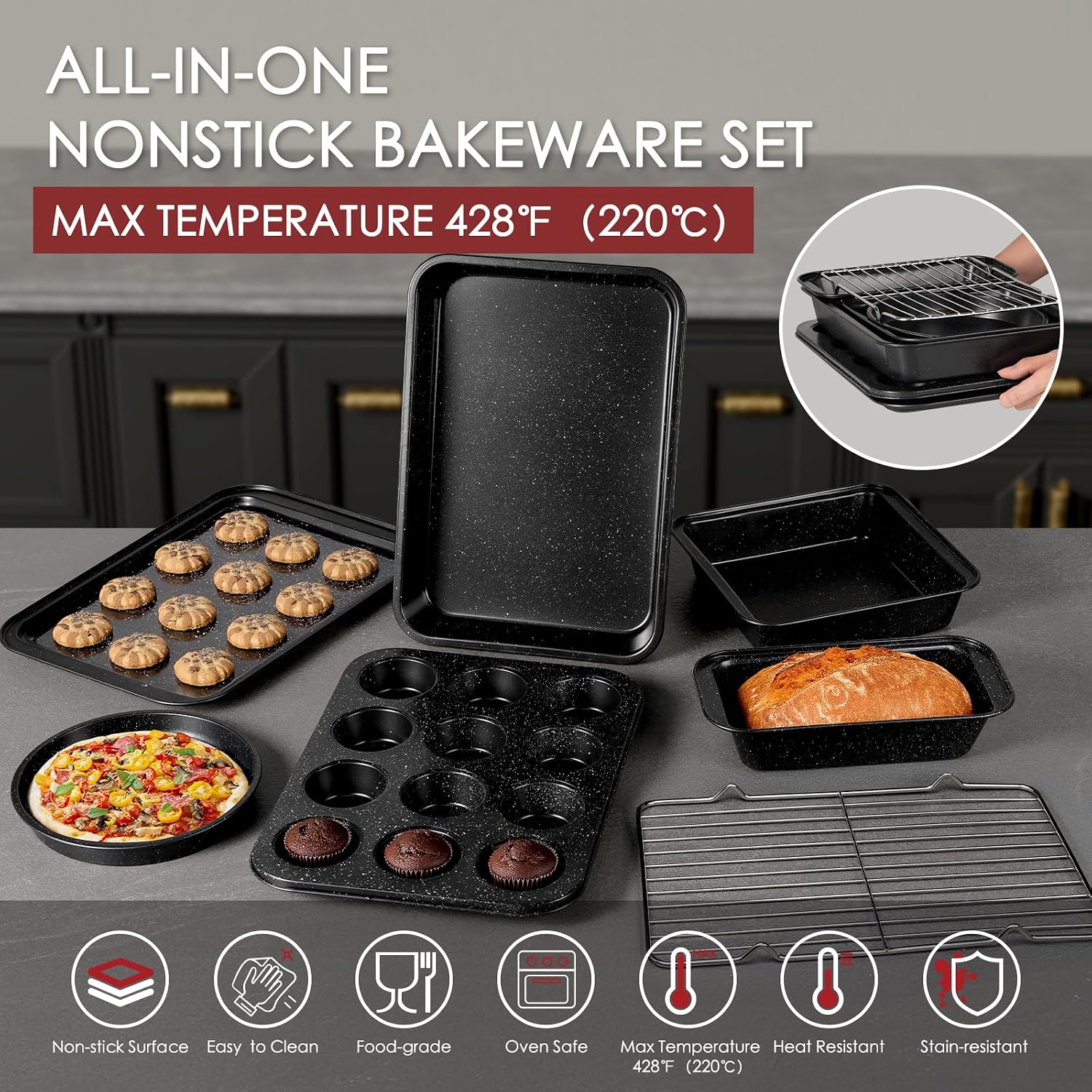 Kikcoin Pots and Pans Set Non Stick 31 Piece Kitchen Nonstick Cooking Cookware Sets with Grill Pan Saucepan Baking Sheet Utensil, Black