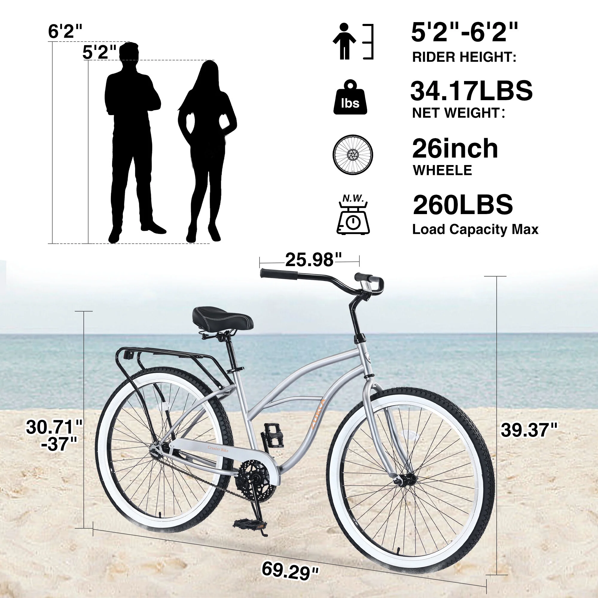 Single Speed Bicycles 26"Inch,Steel Frame,Wide Wheels for Stability,Rear Coaster Brakes,Multiple Colors Men'S Beach Cruiser Bike,Silver+Grey Steel Fitness Sports Sports Outdoor Bikes(17#Silver+Grey,Steel) - Image 2