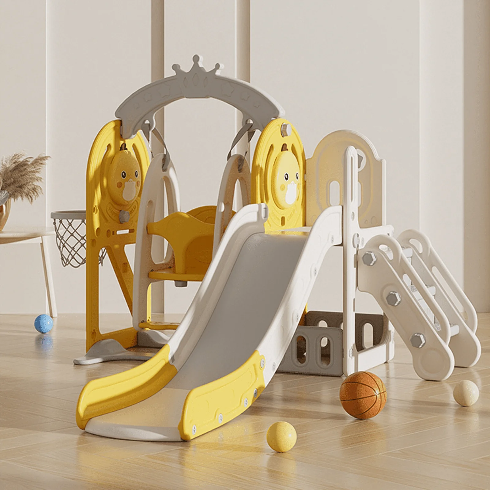 Toddler Slide Playground Tower Set with Swing, Kids Slide for Toddler with Climber, Swing, Basketball Hoop, Climber Hole, Aisle and Storage Space, Indoors Outdoor Playground Slide for Toddler Age 1+