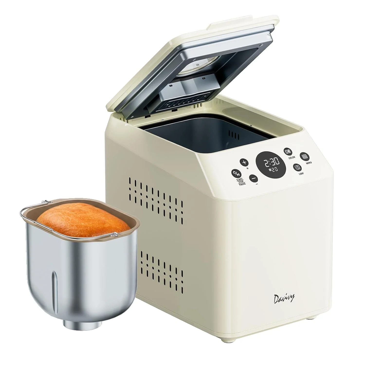 Davivy 3 LB Bread Maker, 20-in-1 Bread Machine with PFAS-FREE Ceramic Pan & Auto Fruit Dispenser, Quiet Motor, Dual Heaters, Stainless Steel Housing with Oven Mitts