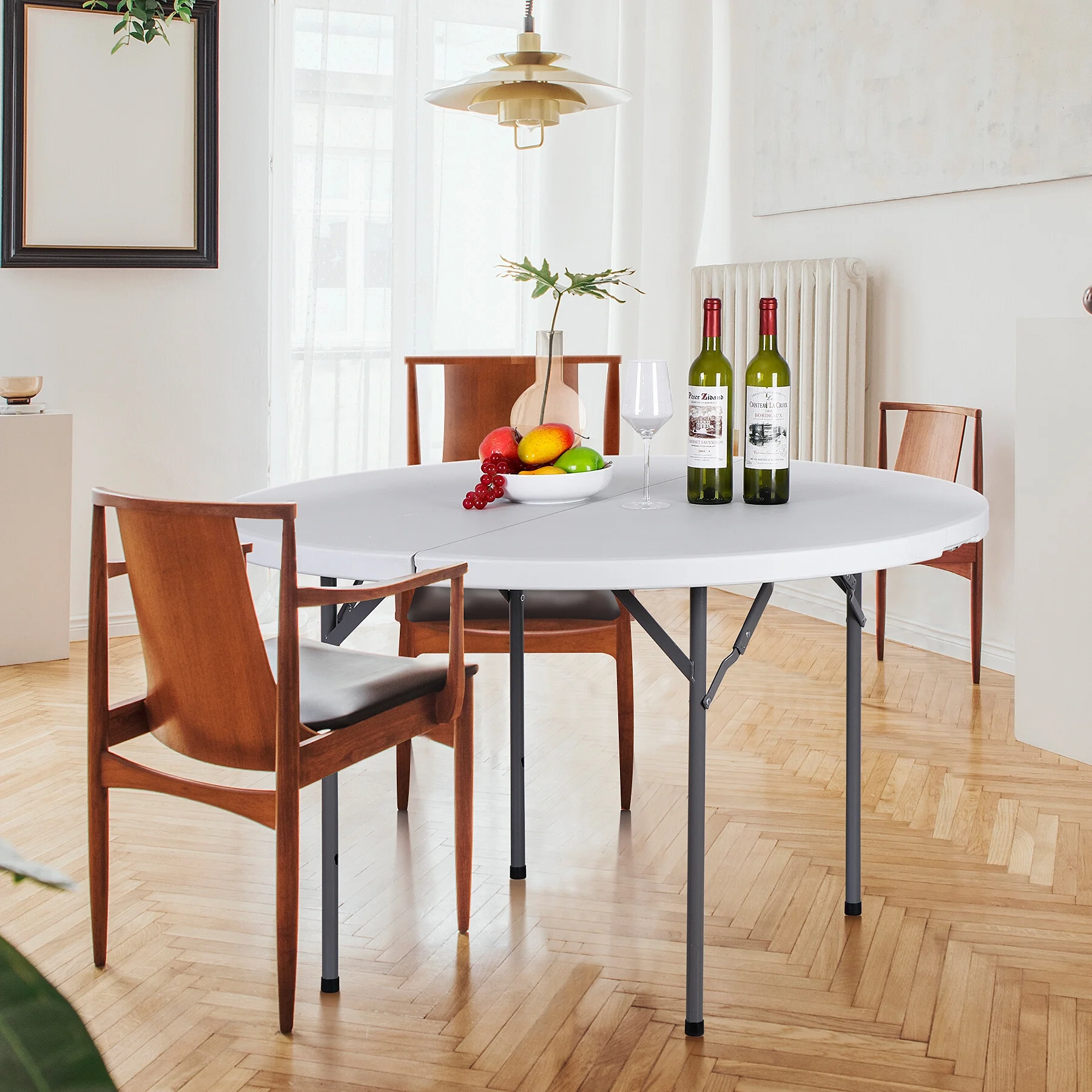 48" Round Bi-Folding Plastic Table Metal Legs Portable Dining Table with Handle Indoor Outdoor, White - Image 7