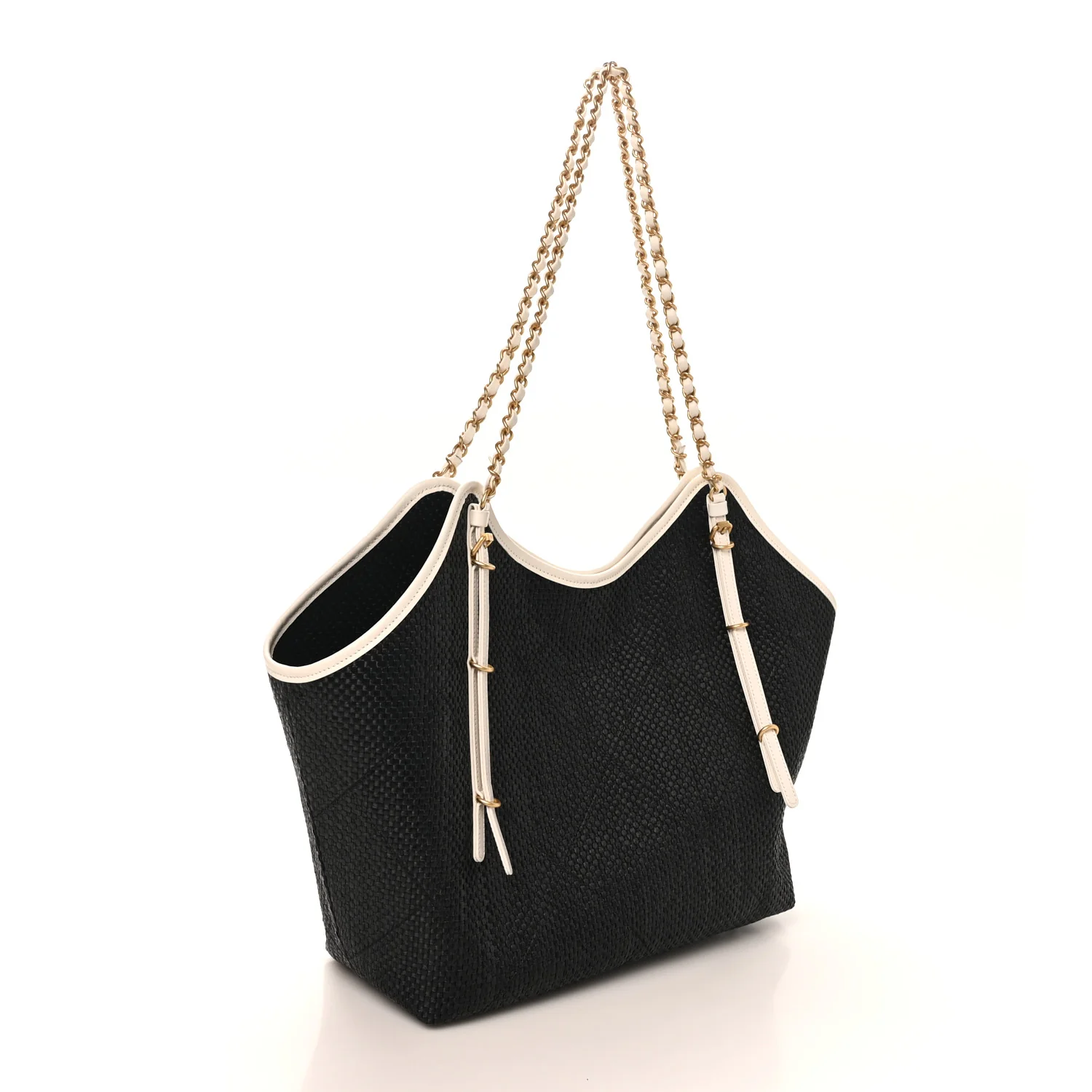 Calfskin Raffia Braided Small Shopping Tote Black White