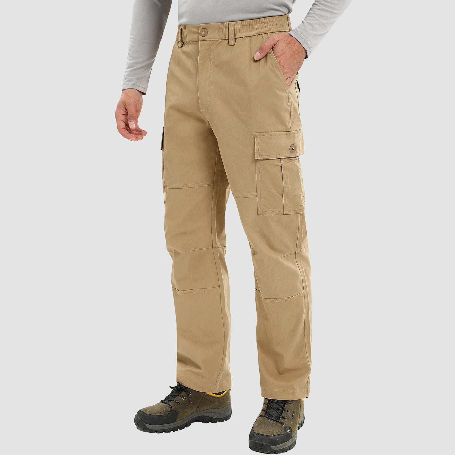 Pantalon cargo homme coupe droite, 6 poches, taille élastique, idéal pour la pêche, les voyages et le travail.