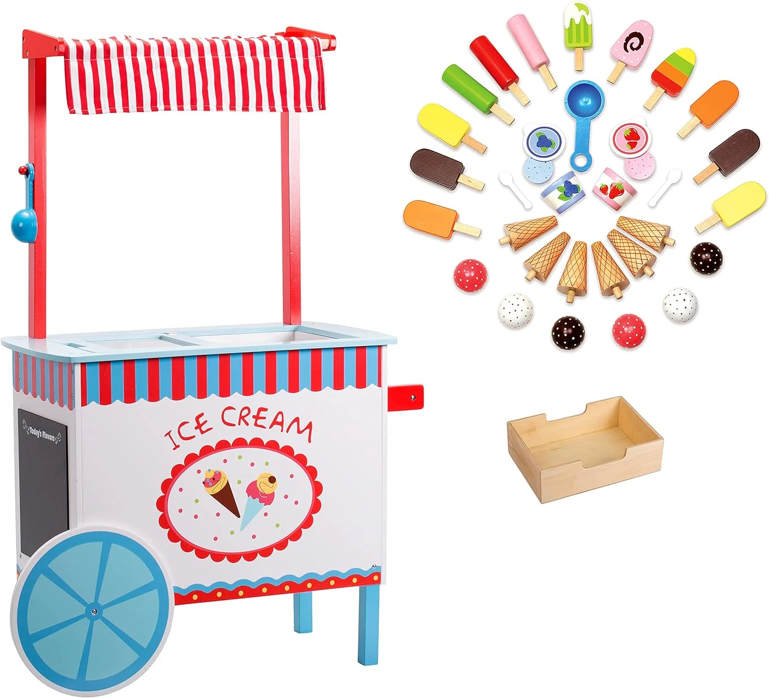 Premium Wood 33+ Pc Realistic Wooden Toy Set w Money Box, Chalkboard, 30+ Icecream Truck Accessories- Popsicles, Cones & Unique Flavors, Girls Boys Role Play