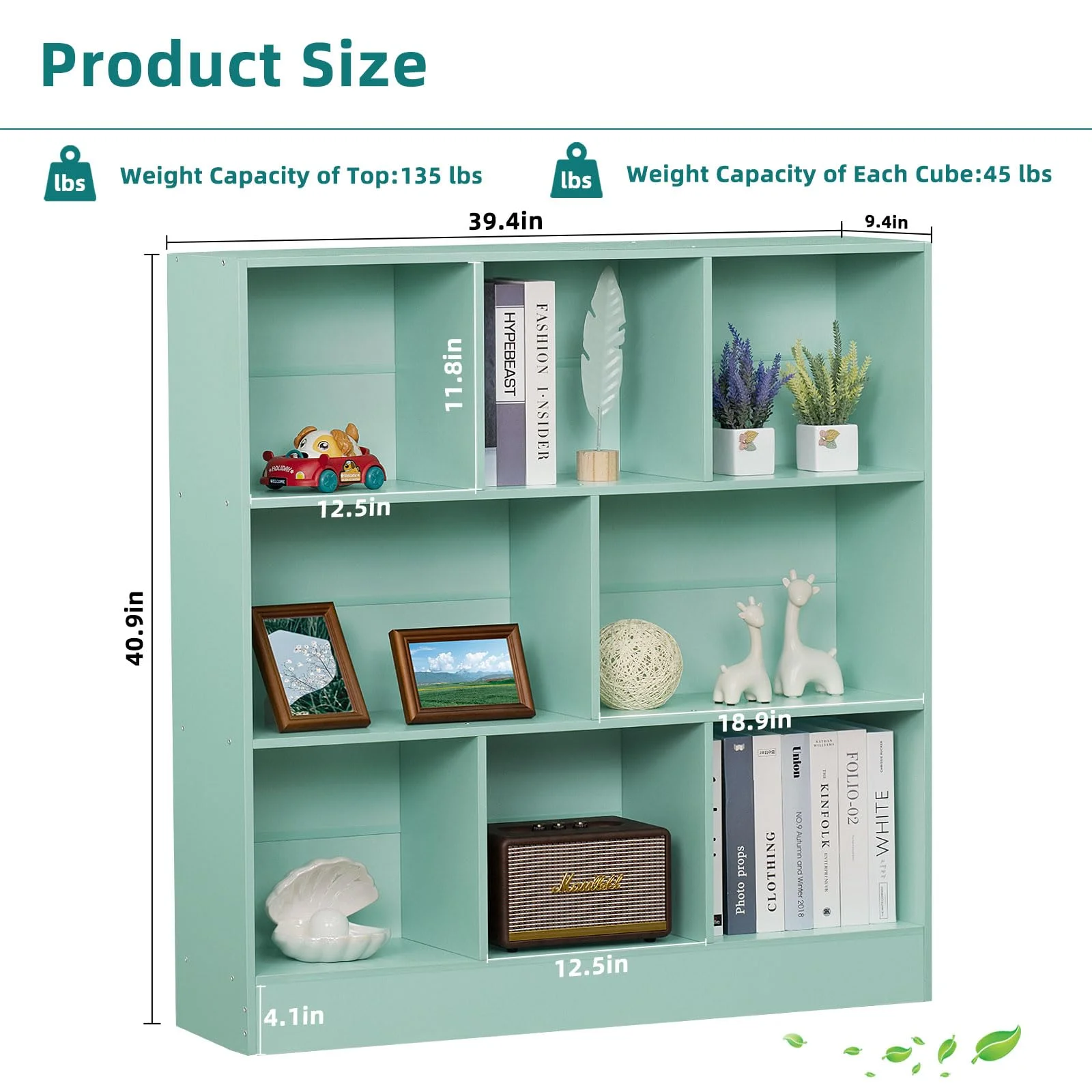 8 Cube Bookshelf with Base, 3 Tier Modern Mint - Green Bookcase, Standing Wide Bookshelves Storage Organizer Toy Shelf, Wood Display Children'S Book Shelves for Bedroom, Living Room, Nursery