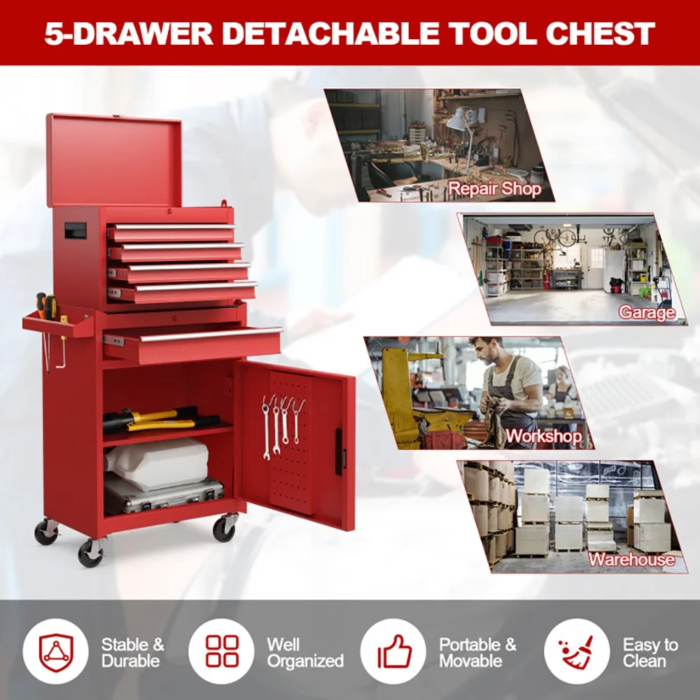 Canddidliike 2-in-1 Tool Chest and Cabinet with 5 Sliding Drawers-Red, Heavy Duty Utility Industrial Service Cart