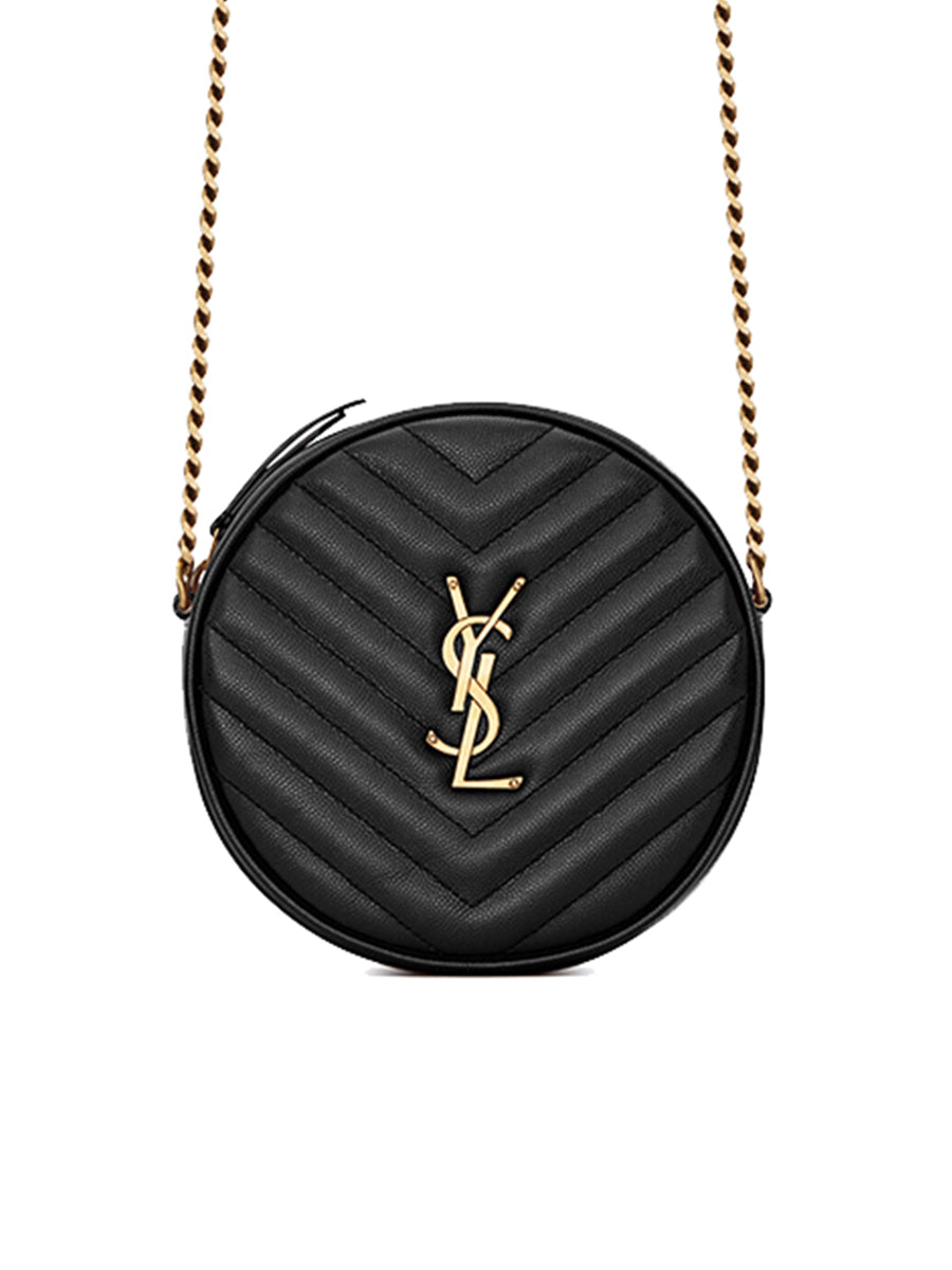 Y Vinyle Round Camera Bag in Chevron-Quilted Grain de Poudre Embossed Leather