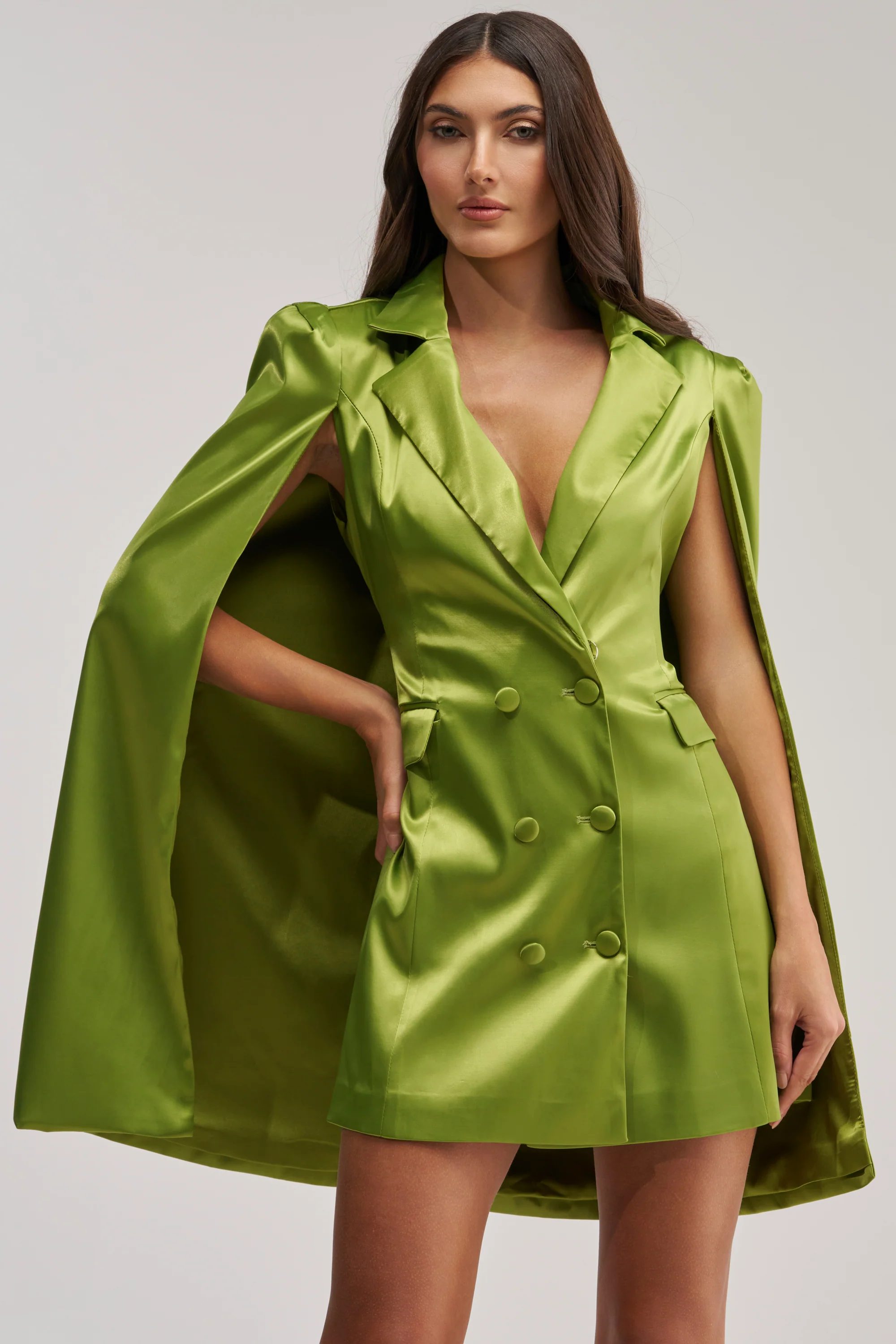 IMANI CAPE SLEEVE BLAZER DRESS IN GREEN - Akira Store