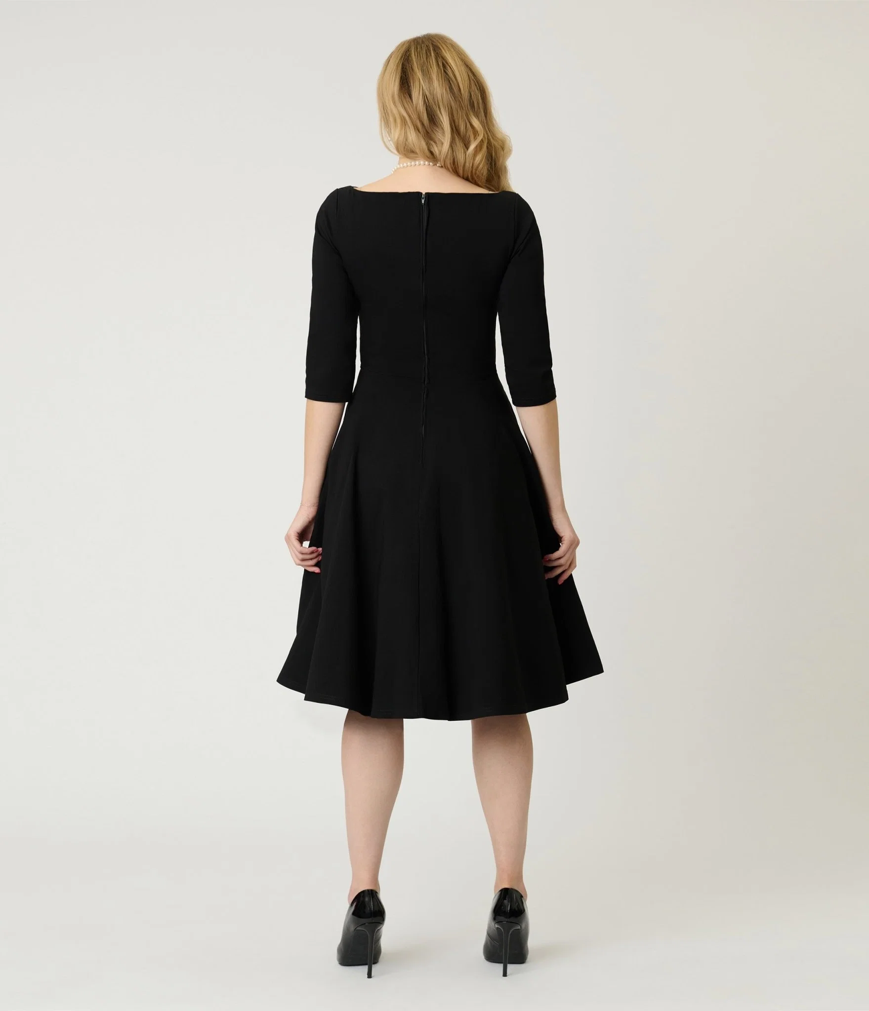 Unique Vintage Black Scalloped Neck Swing Dress
