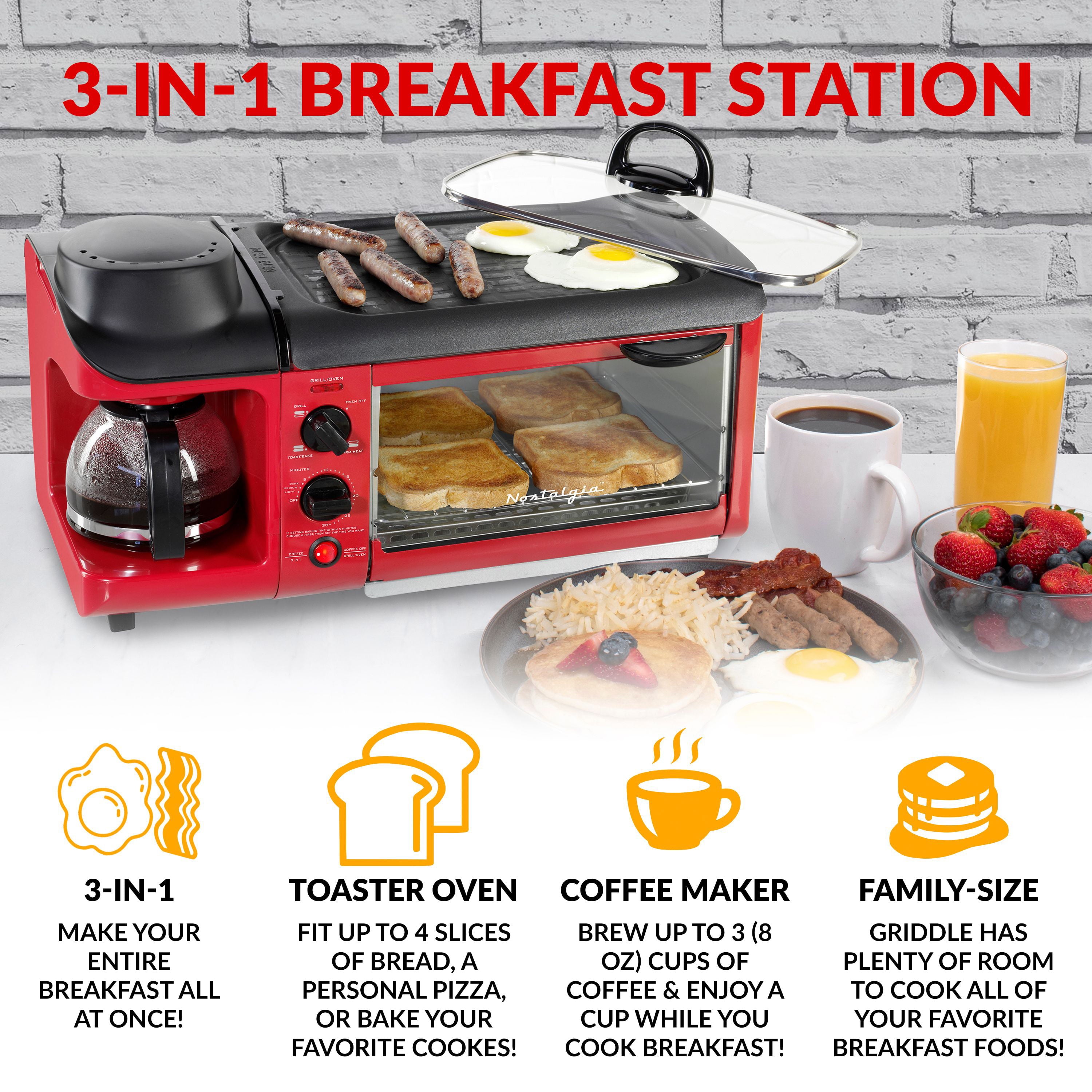 BST3RR Retro 3-in-1 Family Size Electric Breakfast Station. Coffeemaker. Griddle. Toaster Oven - Retro Red