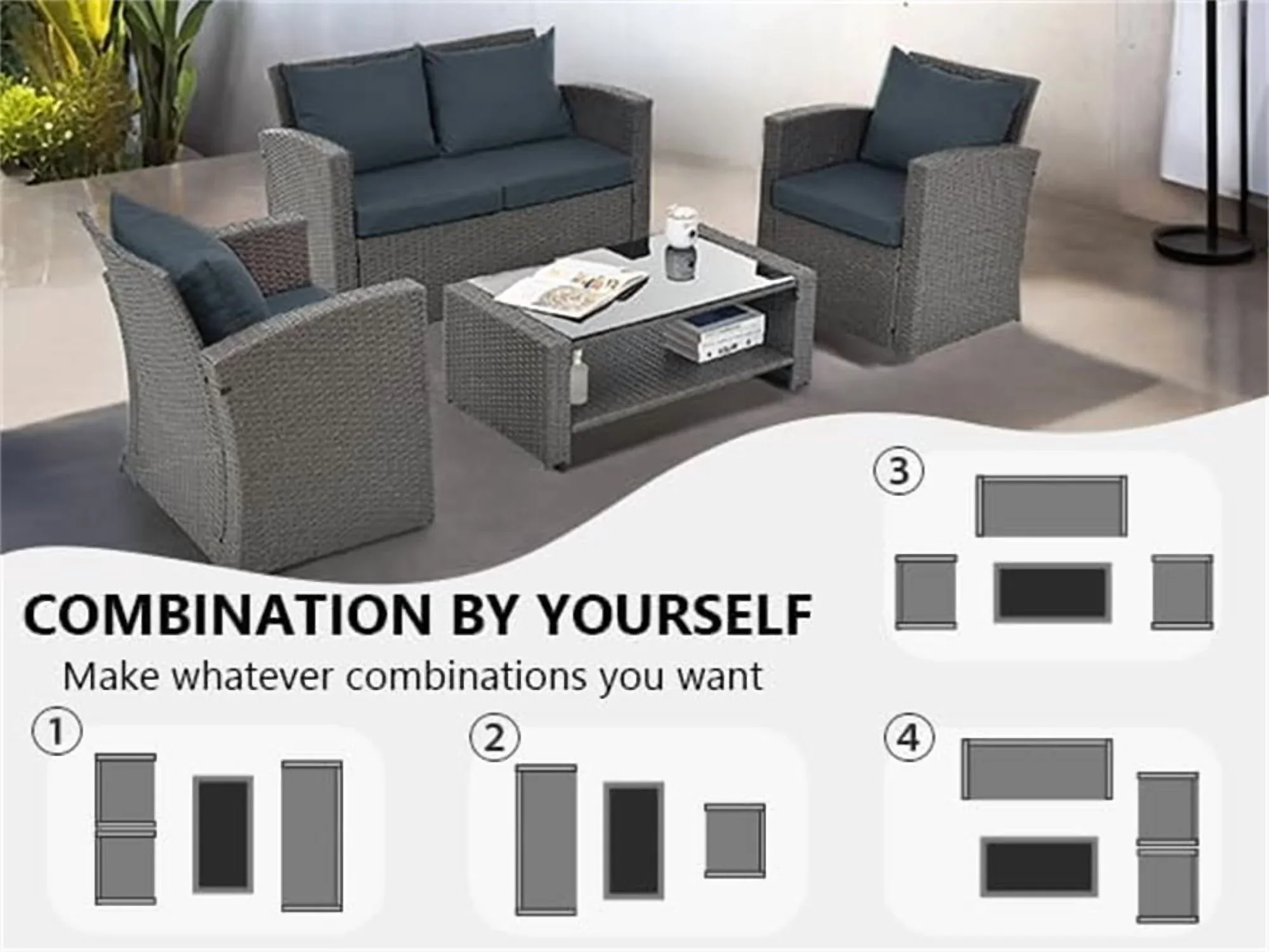 4 Pieces Patio Conversation Set, Outdoor Furniture Set with Cushion, Outside Sectional Rattan Wicker Sofa Furniture Set for Garden, Porch, Backyard, Gray