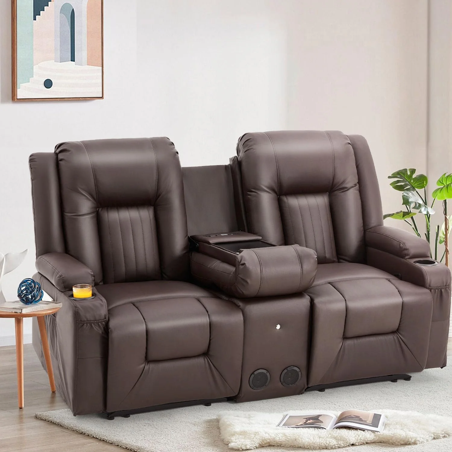 AECOJOY Recliner Loveseat with Console&Bluetooth Speakers, Manual RV Reclining Sofa, Brown