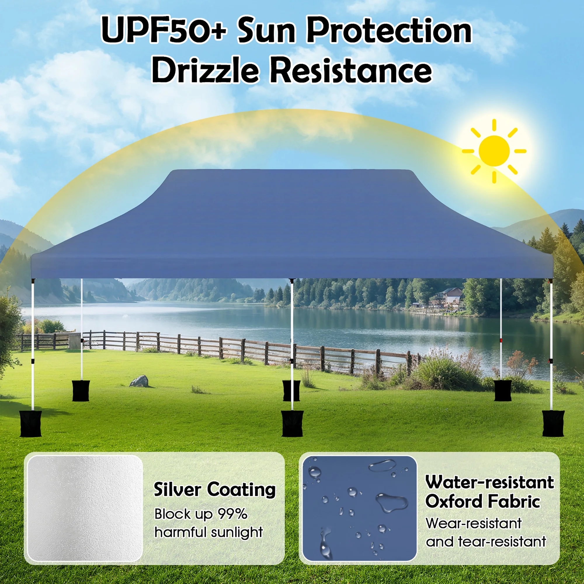 Gymax 10 x 20FT Pop-up Canopy Tent Folding Instant Sun Shelter w/ 3 Adjustable Heights Blue(Blue)